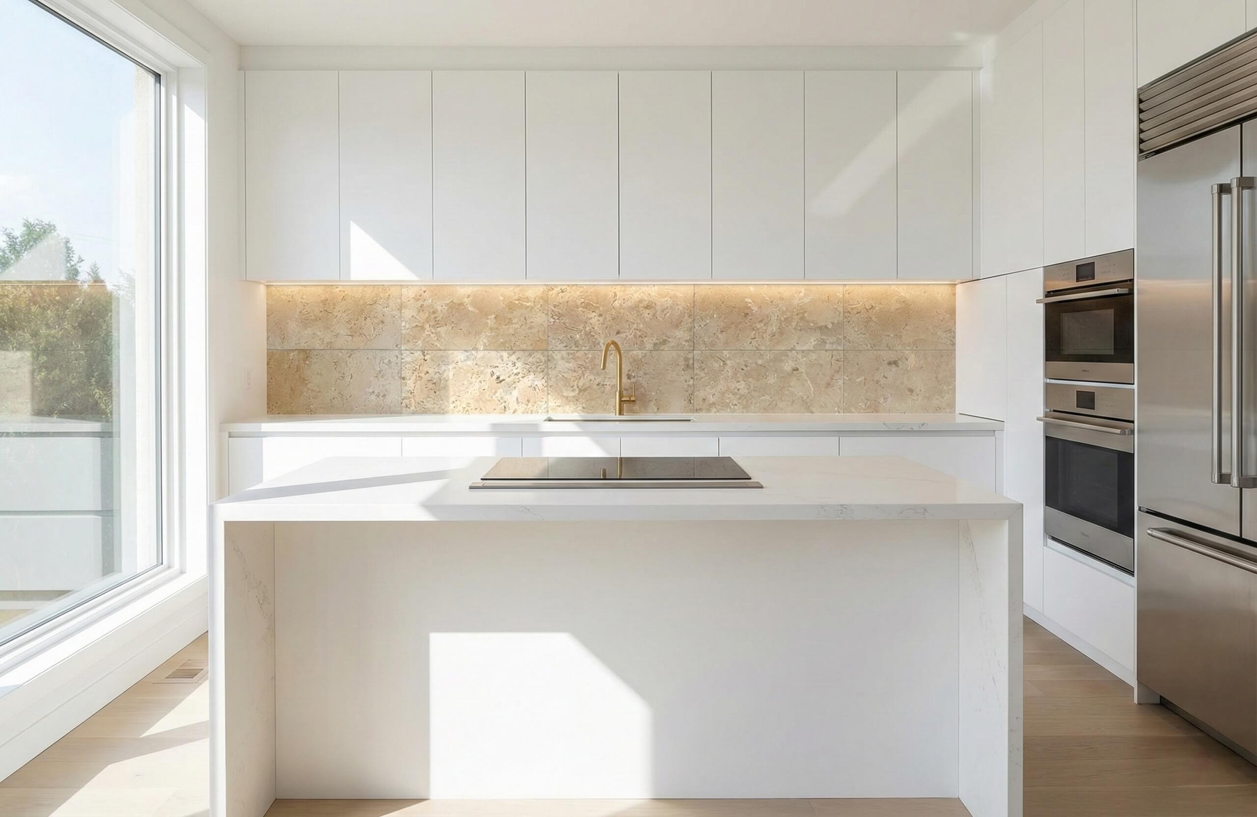Modern white kitchen backsplash featuring 12x24 Amber Gold honed marble tiles under under-cabinet warm light.