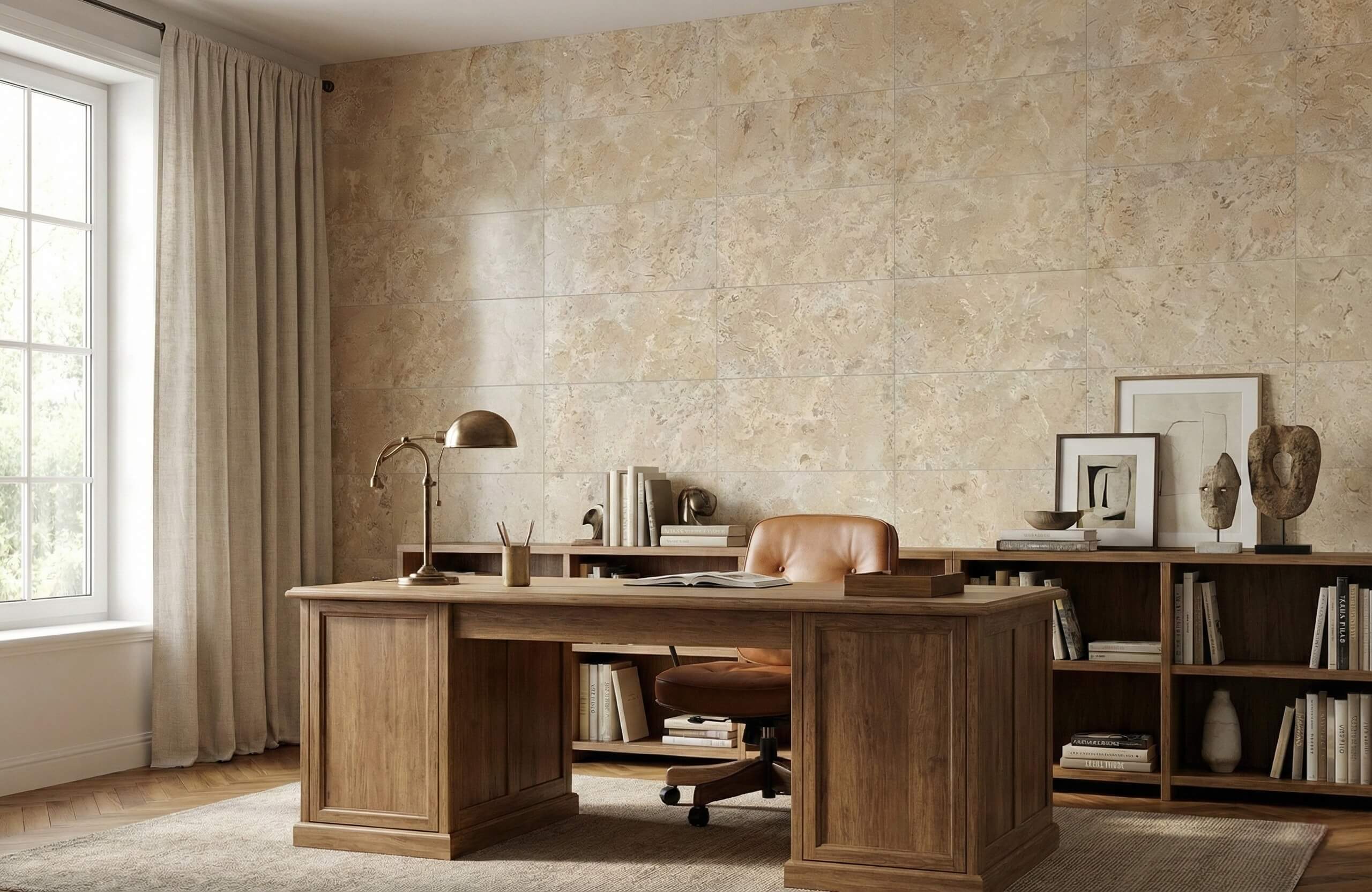 Luxury home office feature wall lined with 12x24 Amber Gold honed marble tiles behind an executive wooden desk.