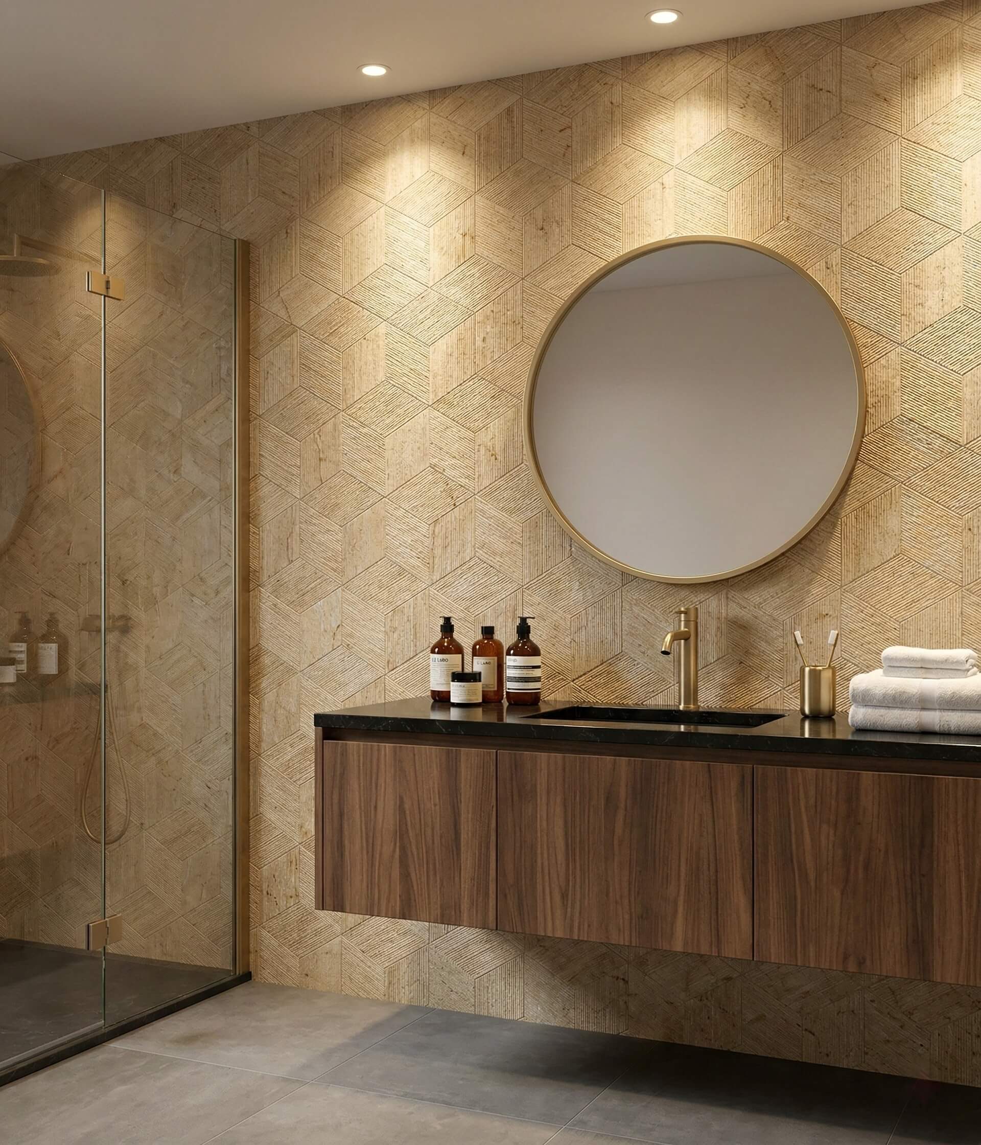 Amber Gold natural marble 3D fluted hexagon tiles forming a feature wall behind a walnut bathroom floating vanity.