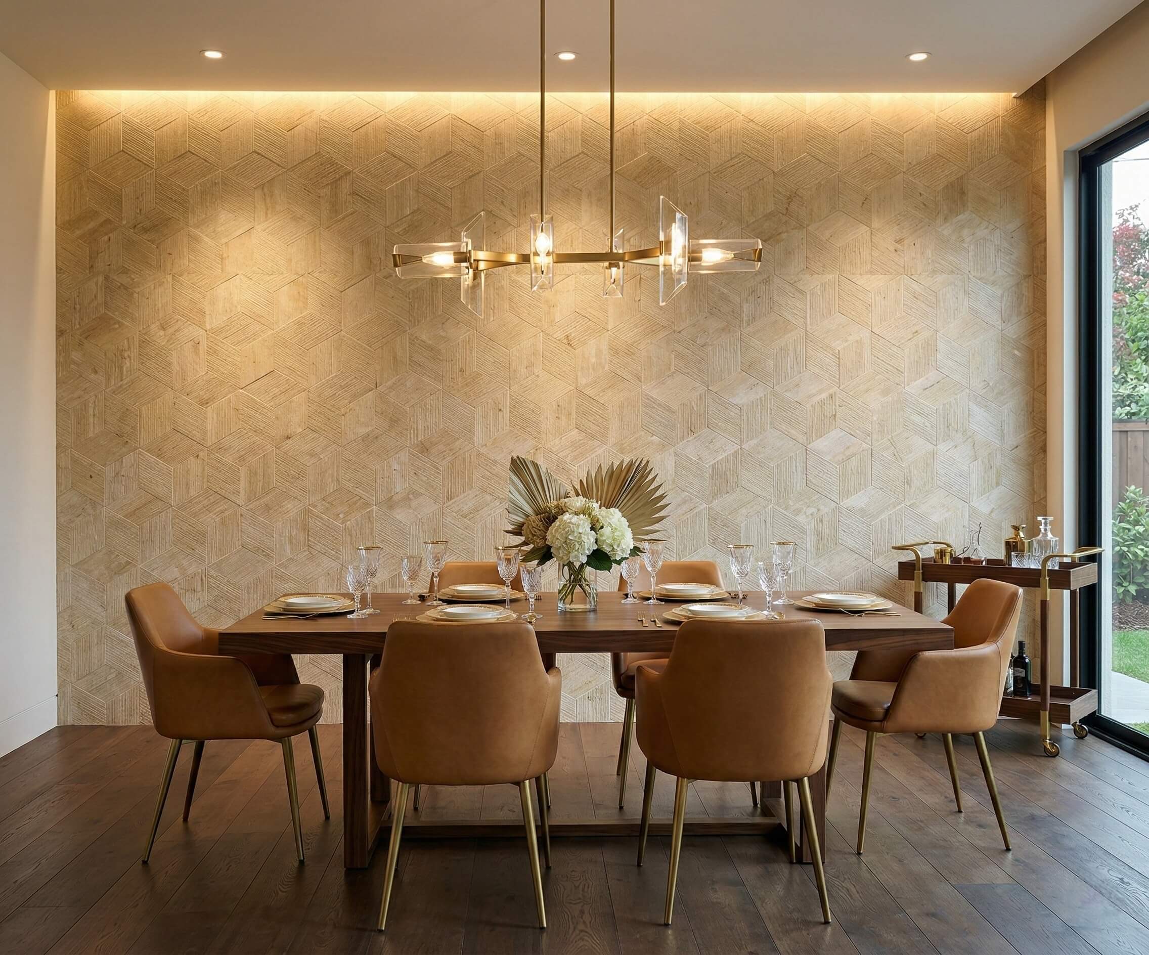 Amber Gold natural marble 3D fluted hexagon tiles cladding a full accent wall in a modern dining room with warm lighting.