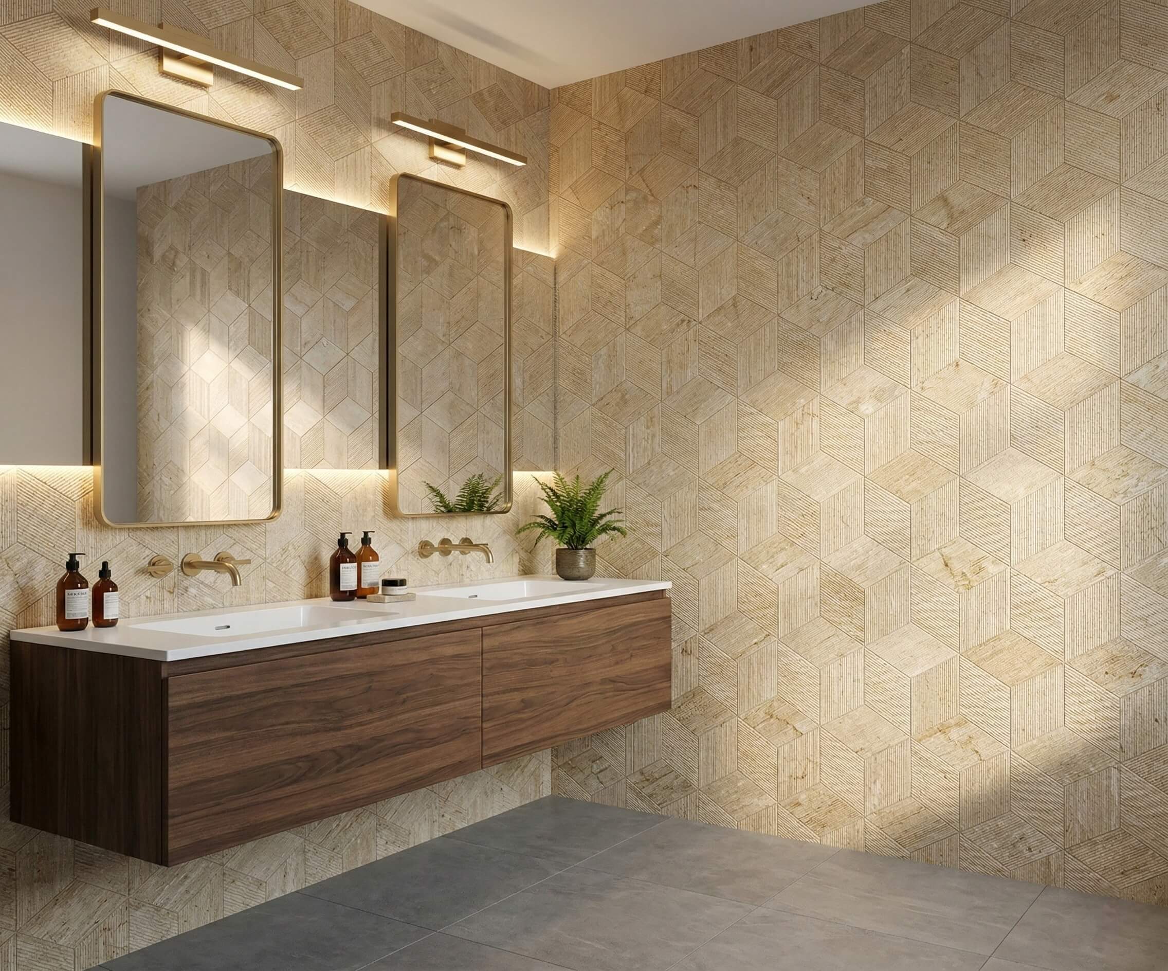 Luxury bathroom featuring Amber Gold natural marble 3D fluted hexagon wall tiles behind a walnut double vanity mirror set.