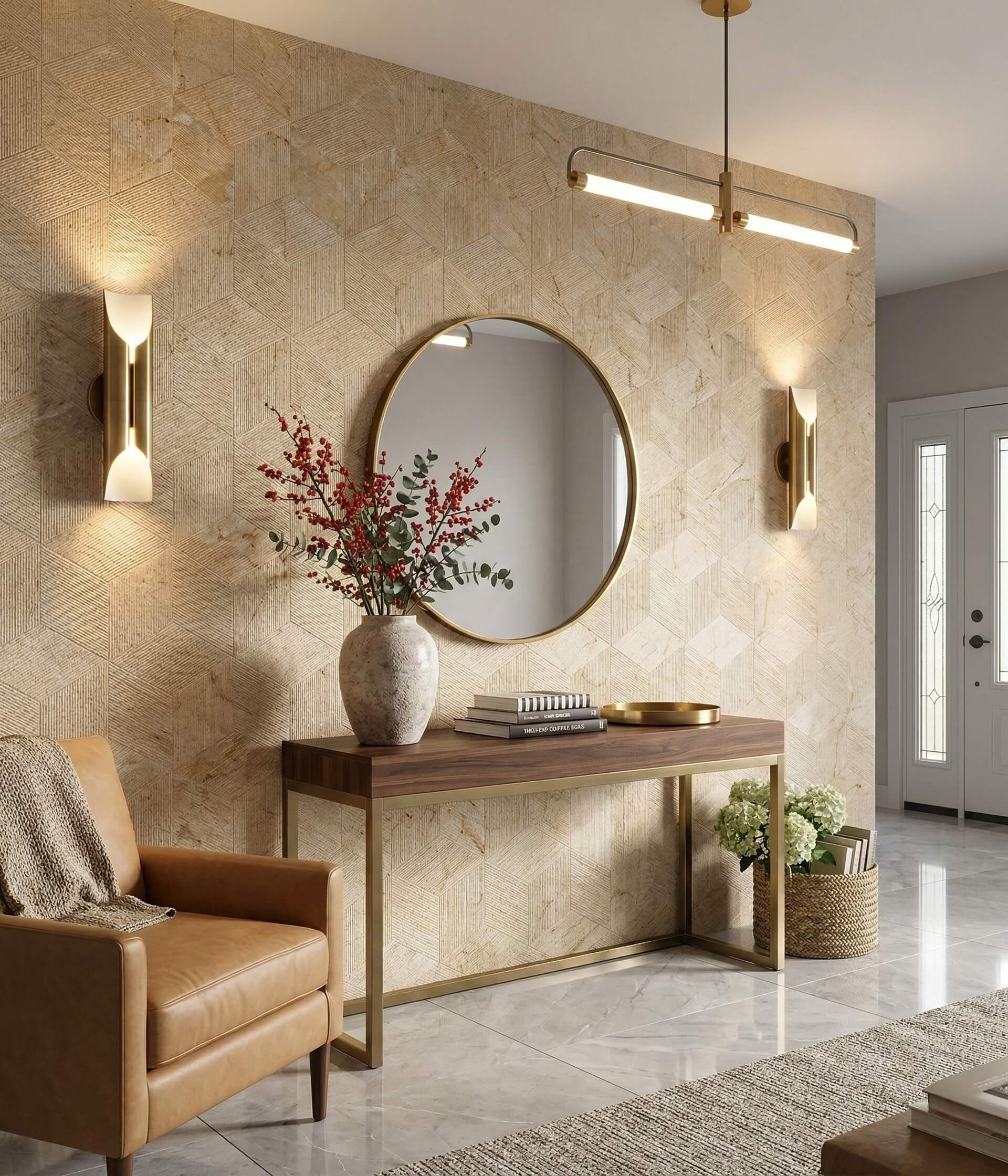 Amber Gold natural marble 3D fluted hexagon tiles creating a floor-to-ceiling entryway accent wall behind a console table.