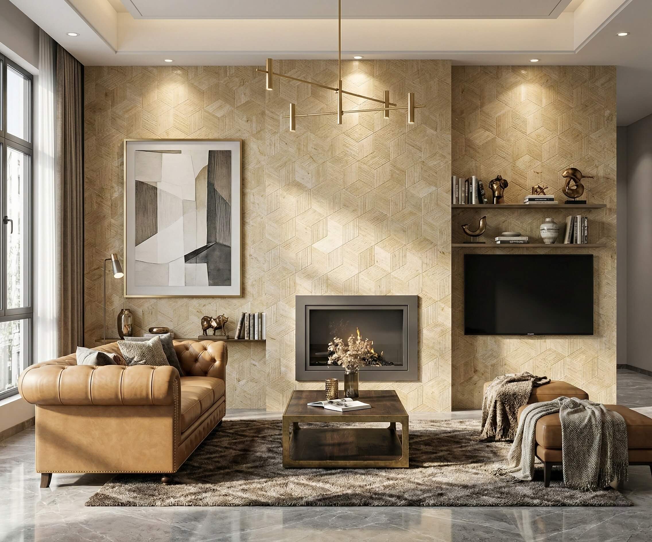 Modern living room featuring a recessed fireplace surrounded by Amber Gold natural marble 3D fluted hexagon accent tiles.
