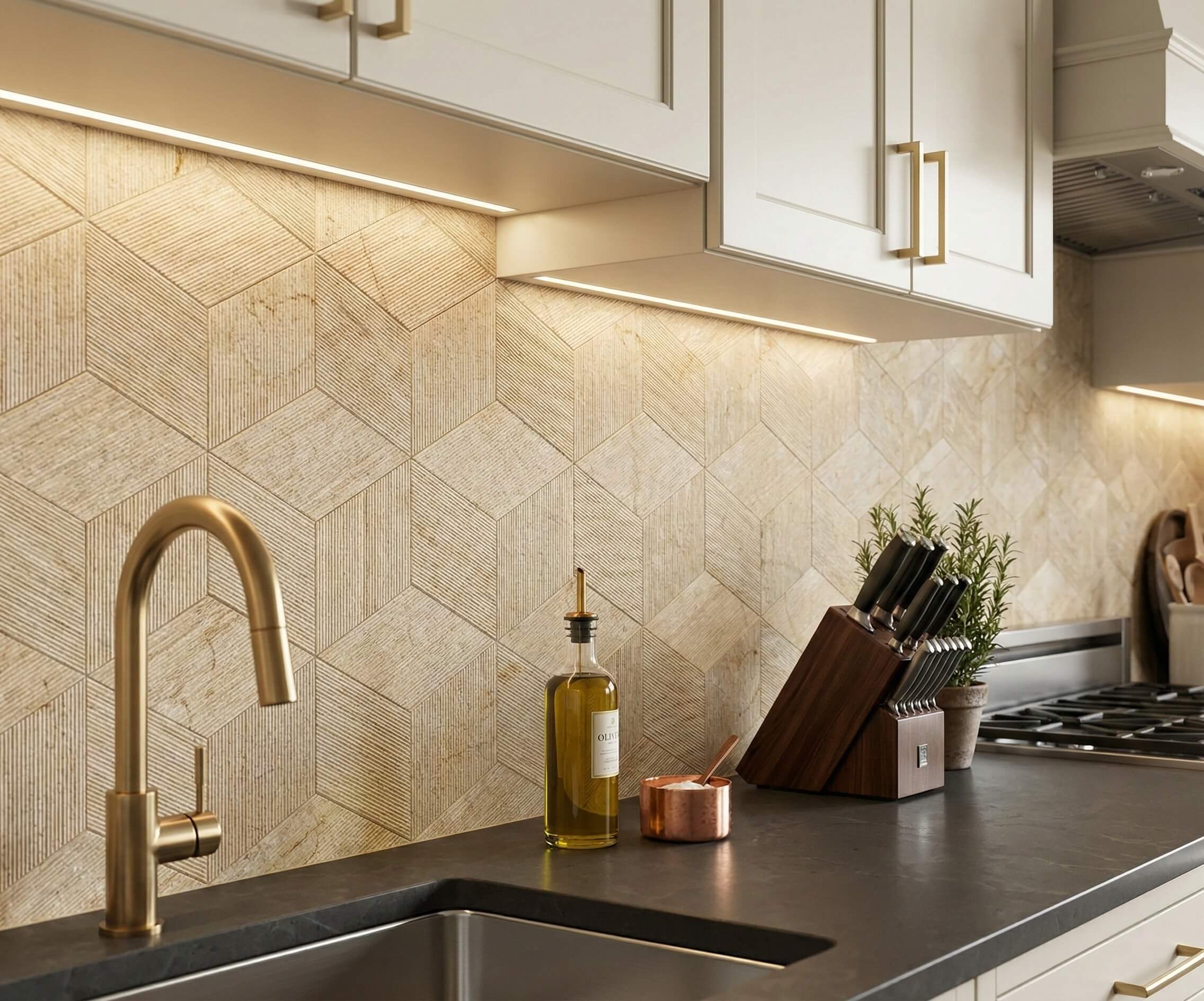 Close-up of Amber Gold natural marble 3D fluted hexagon tiles installed as a kitchen backsplash with a warm brass faucet.