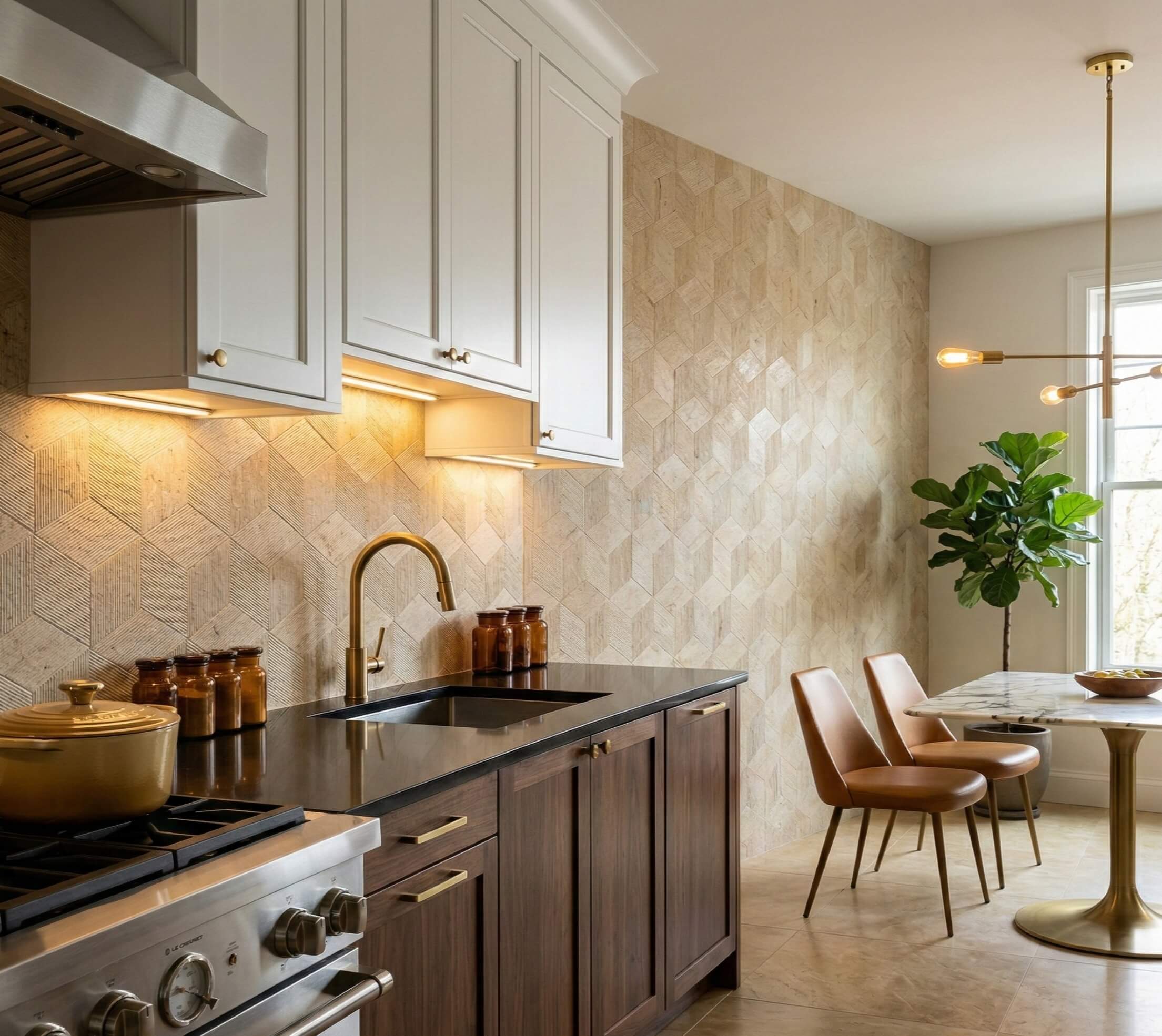 Amber Gold natural marble 3D fluted hexagon tiles used as a full kitchen and dining area wall covering with brass fixtures.