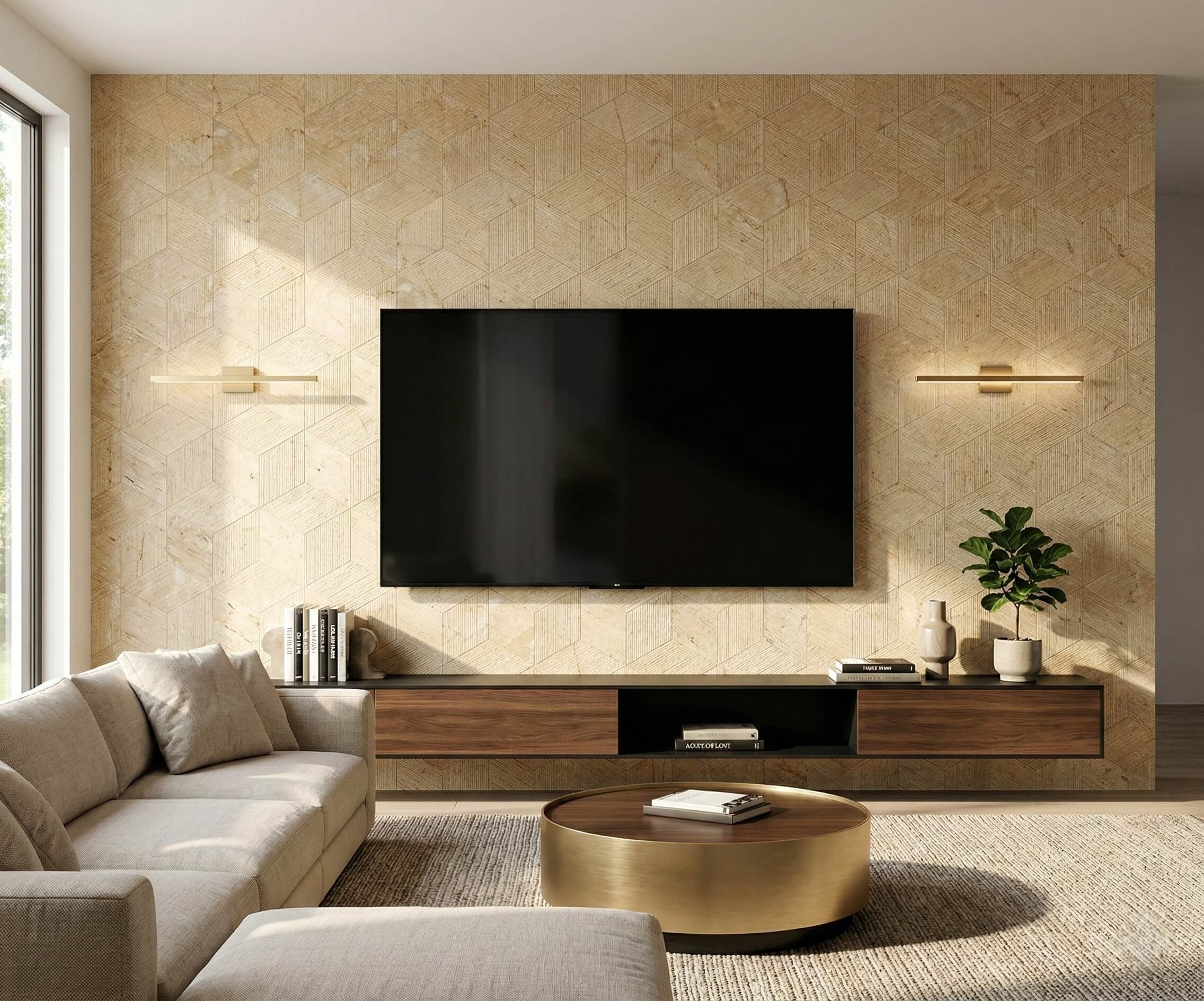 Amber Gold natural marble 3D fluted hexagon tiles installed on a living room TV feature wall with warm LED accent lights.