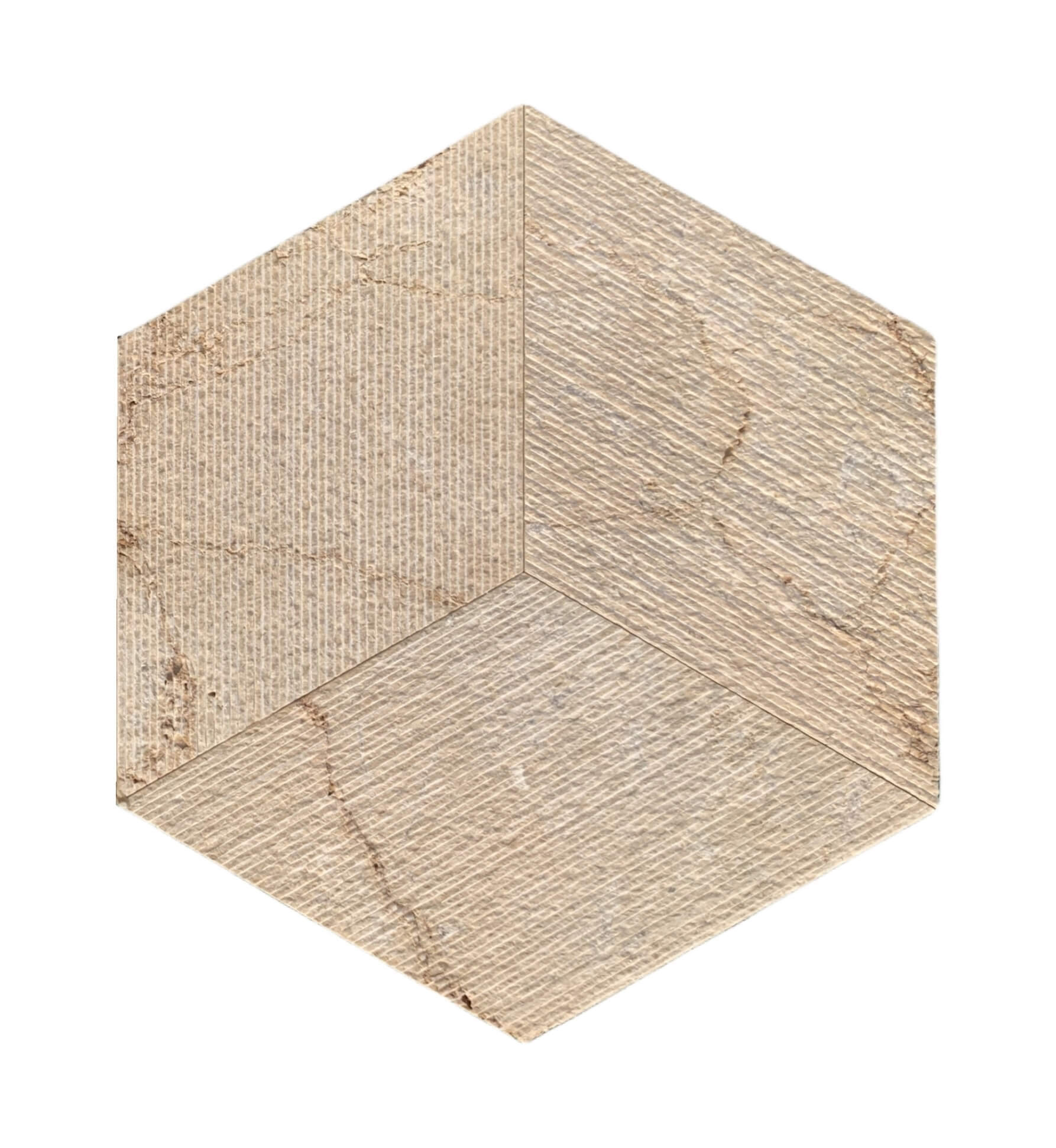 Single hexagon tile crafted from Amber Gold natural marble with a 3D fluted textured finish on a clean white background.