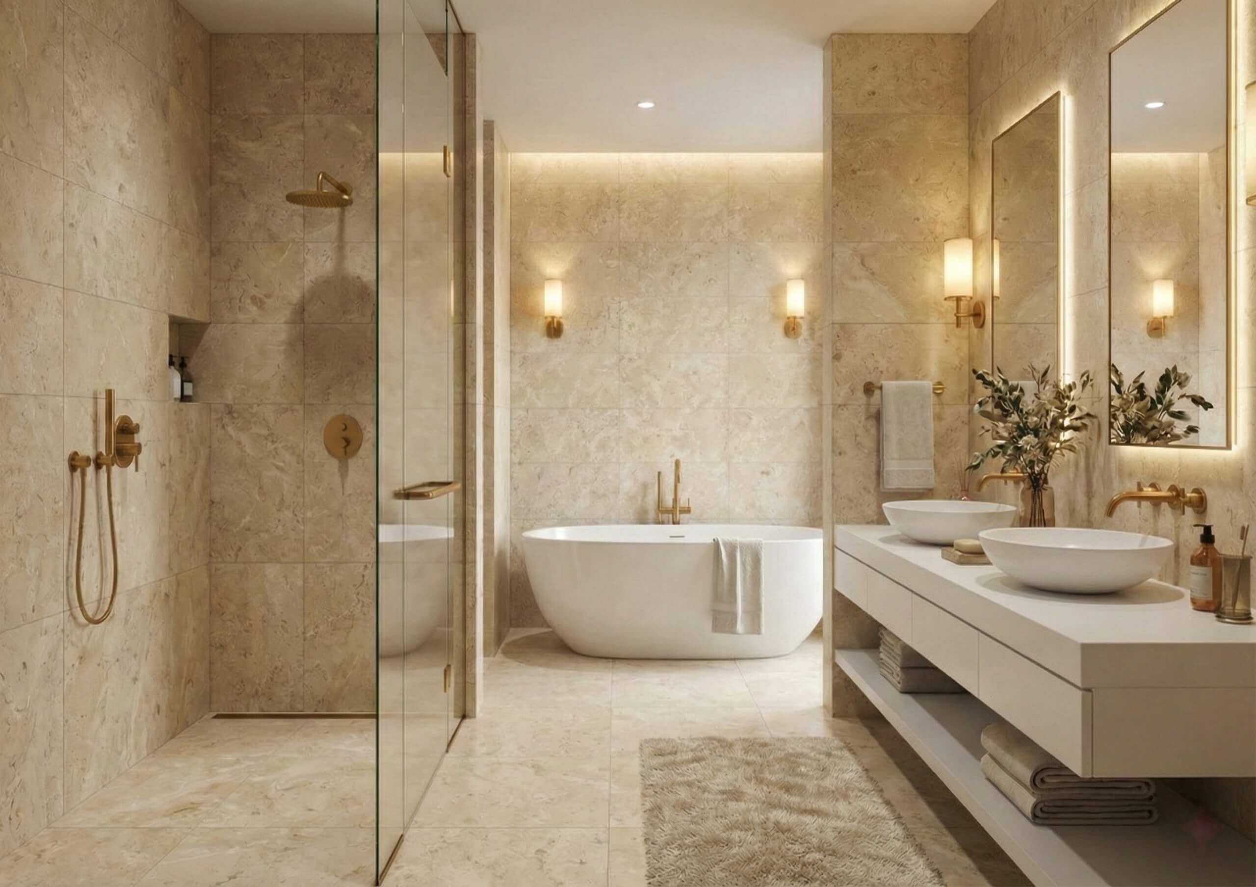 Luxury bathroom tiled with 12x24 Amber Gold honed marble, featuring a double vanity with oval vessel sinks.