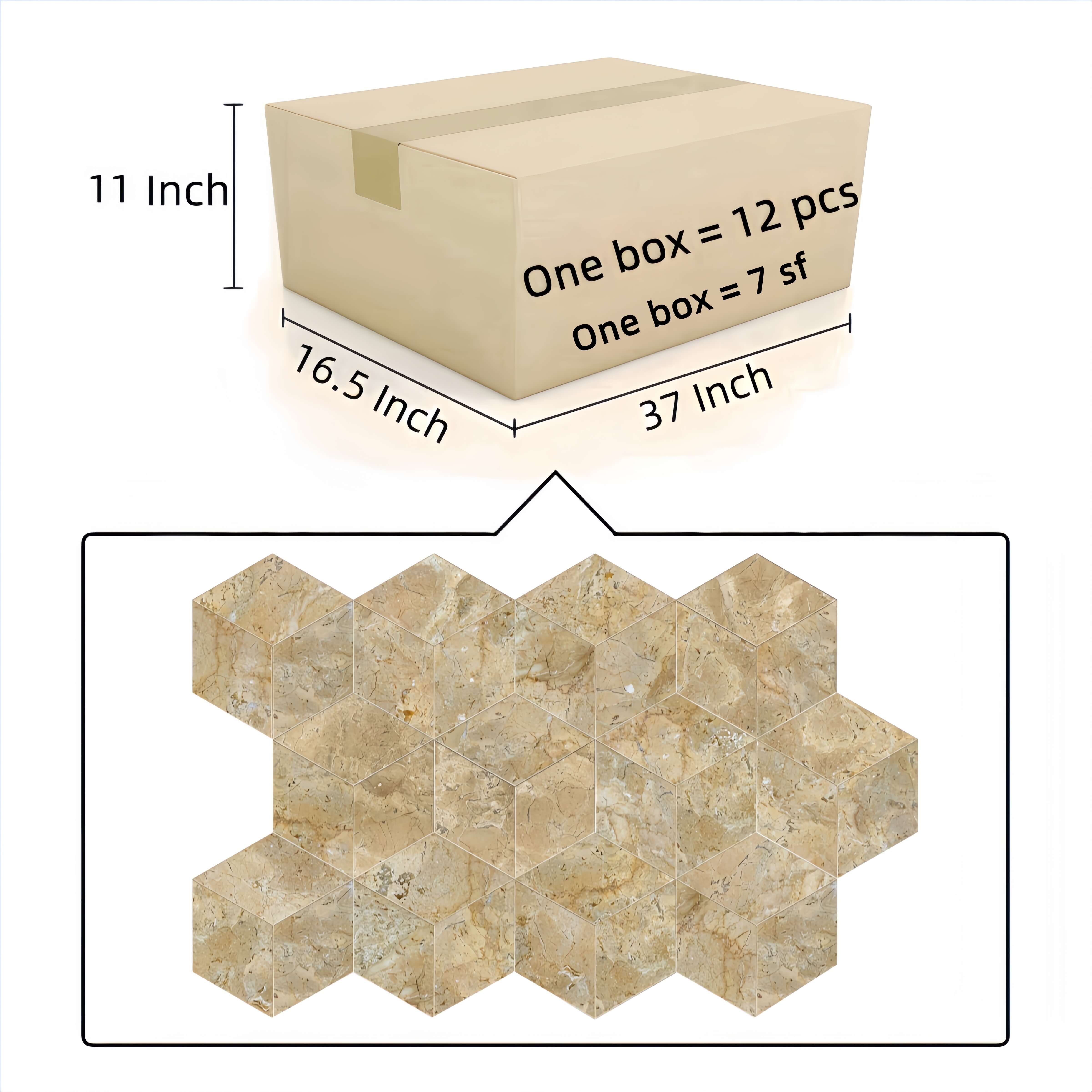 Packaging box specification for Amber Gold marble hexagon tiles showing box dimensions and 12-piece per box coverage.