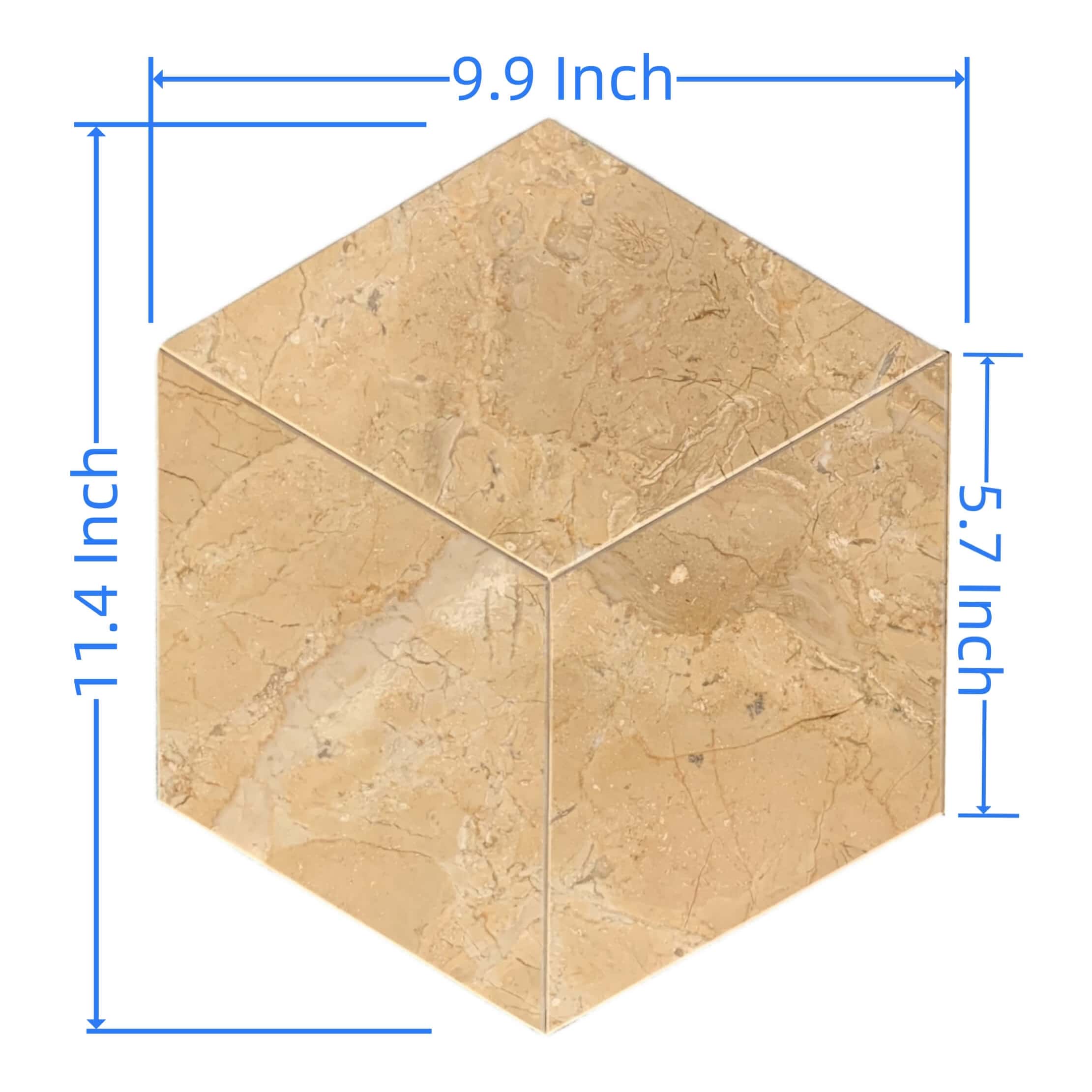 Dimensional diagram of Amber Gold hexagon marble tile showing 11.4 inch height, 9.9 inch width, and 5.7 inch sides.