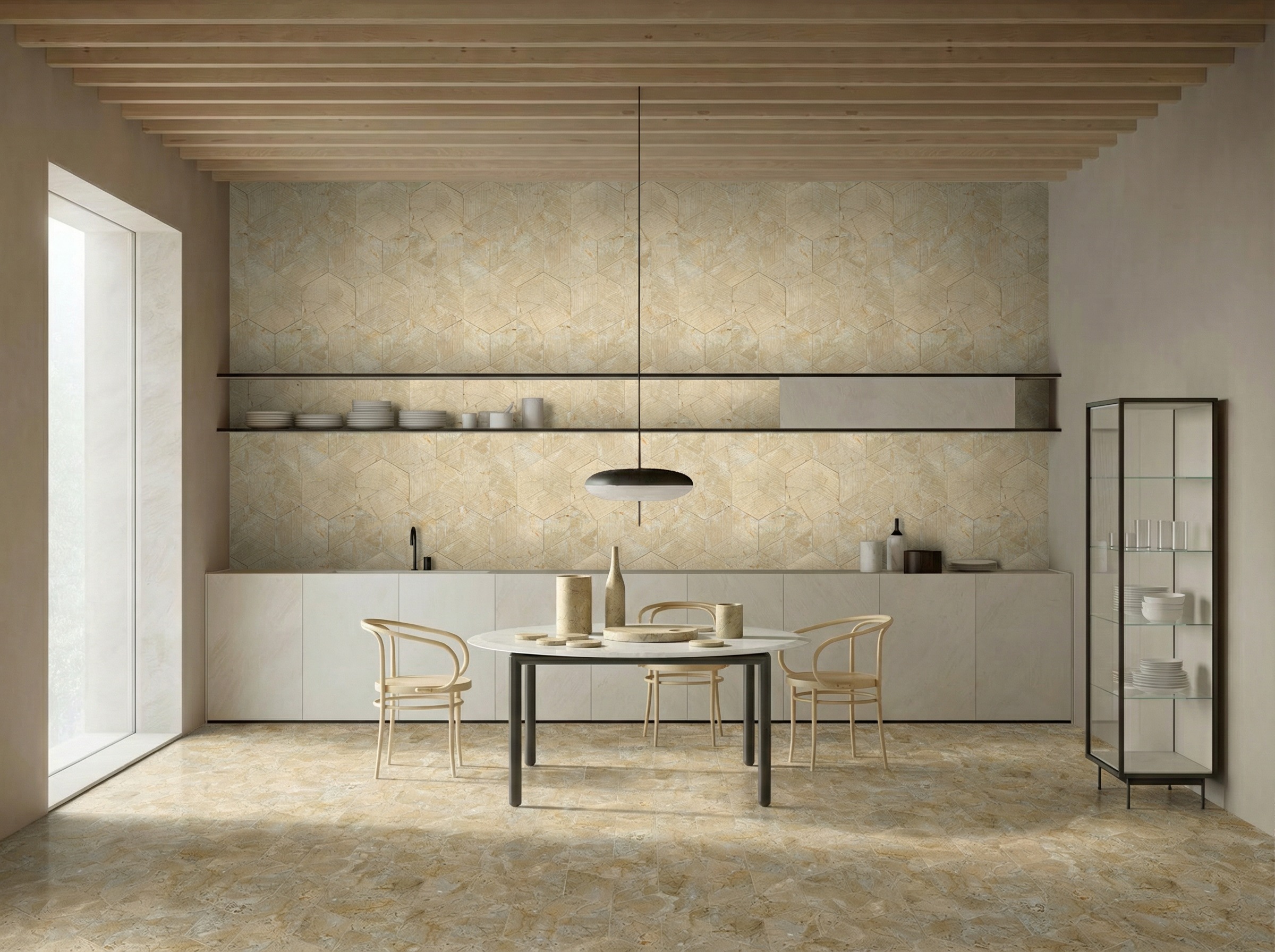 Modern dining room with polished Amber Gold marble floor tiles, textured marble wall tiles, and matching tabletop accessories.