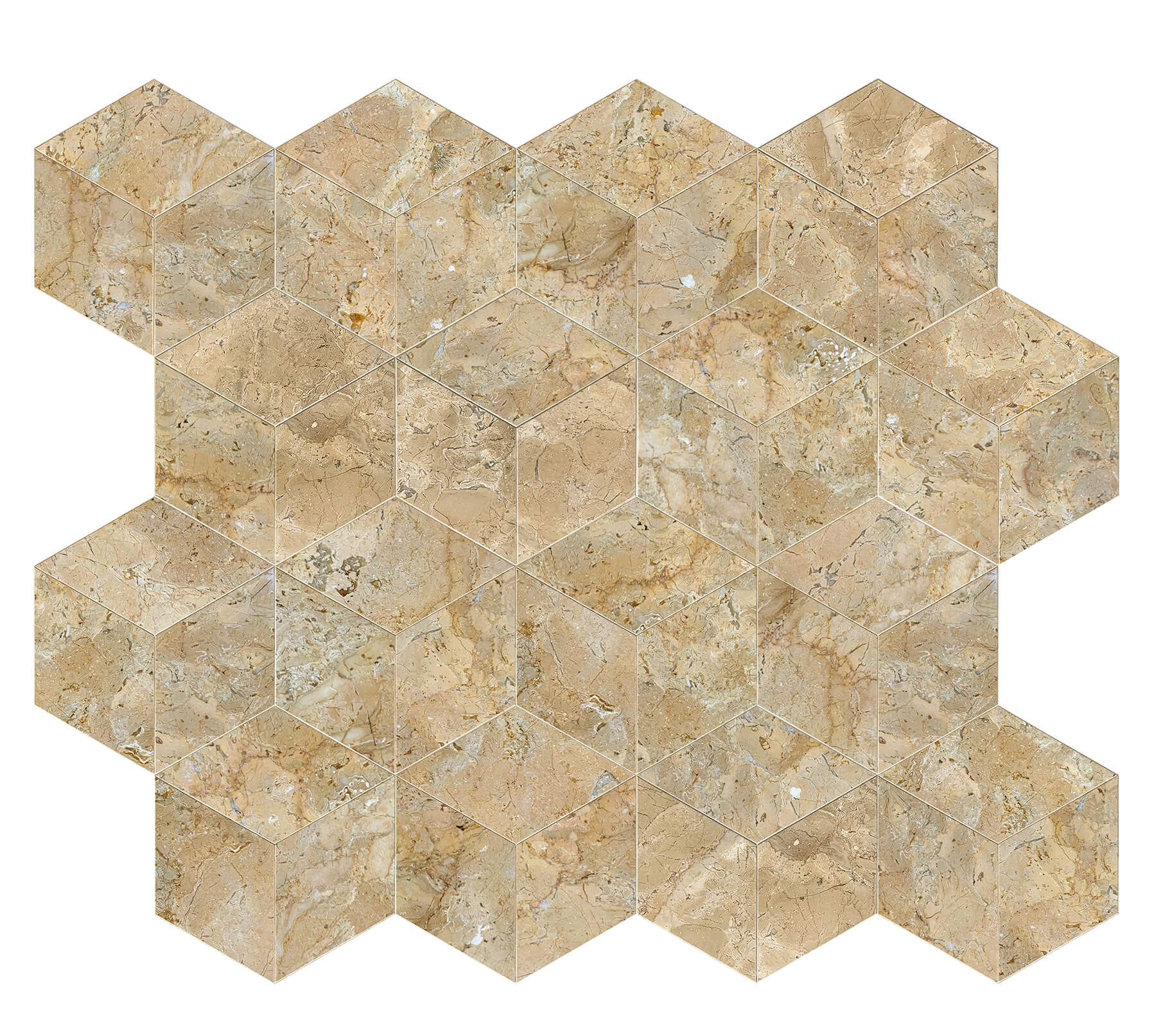 Array of polished Amber Gold marble hexagon tiles seamlessly interlocked to display a geometric 3D cube optical pattern.