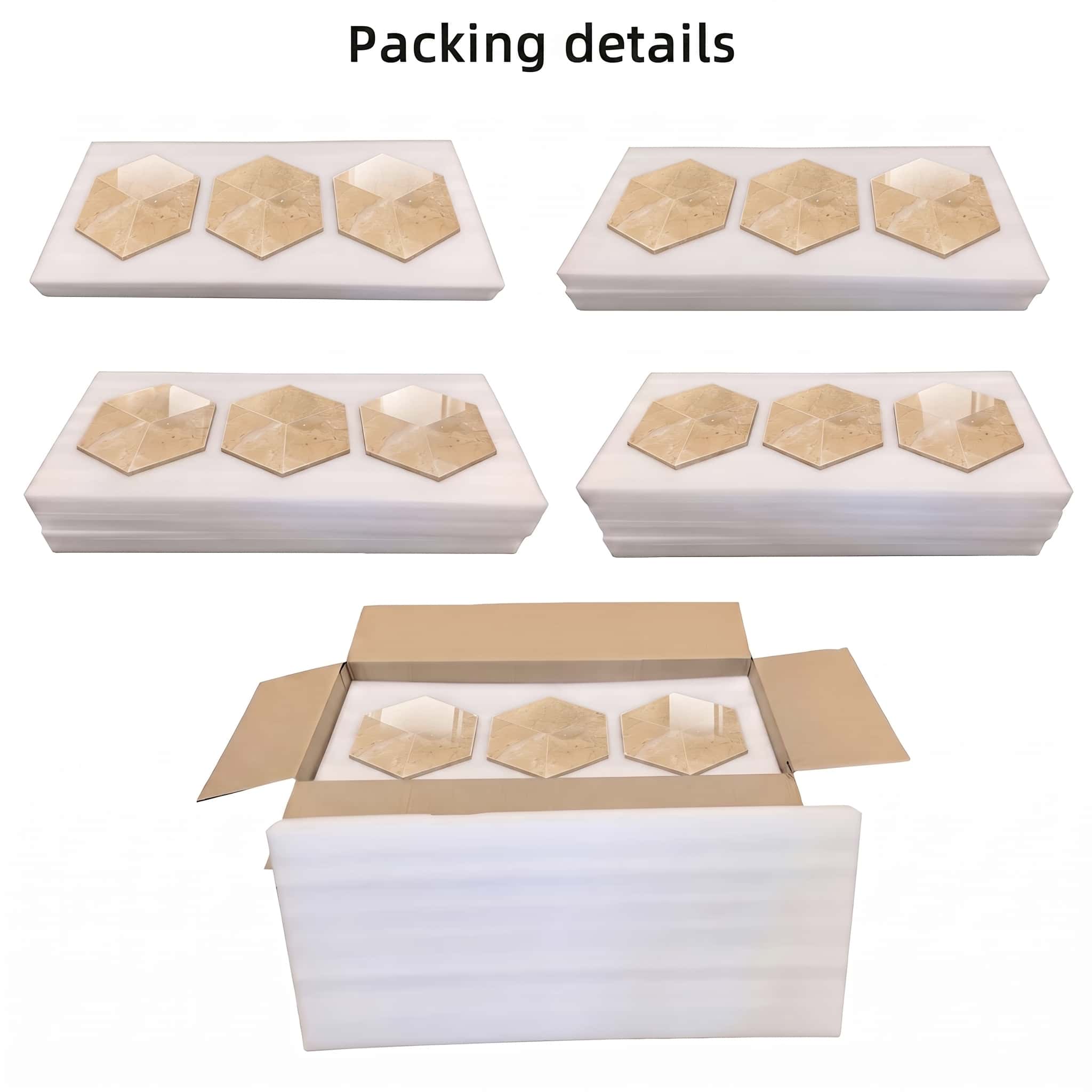 Custom foam-padded protective internal packaging holding Amber Gold marble hexagon tiles securely inside the box.