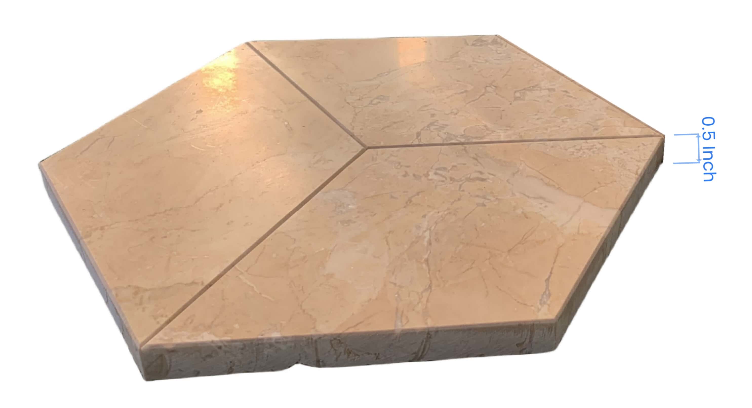 Side angle view of Amber Gold natural marble hexagon tile demonstrating its uniform 0.5-inch profile thickness.