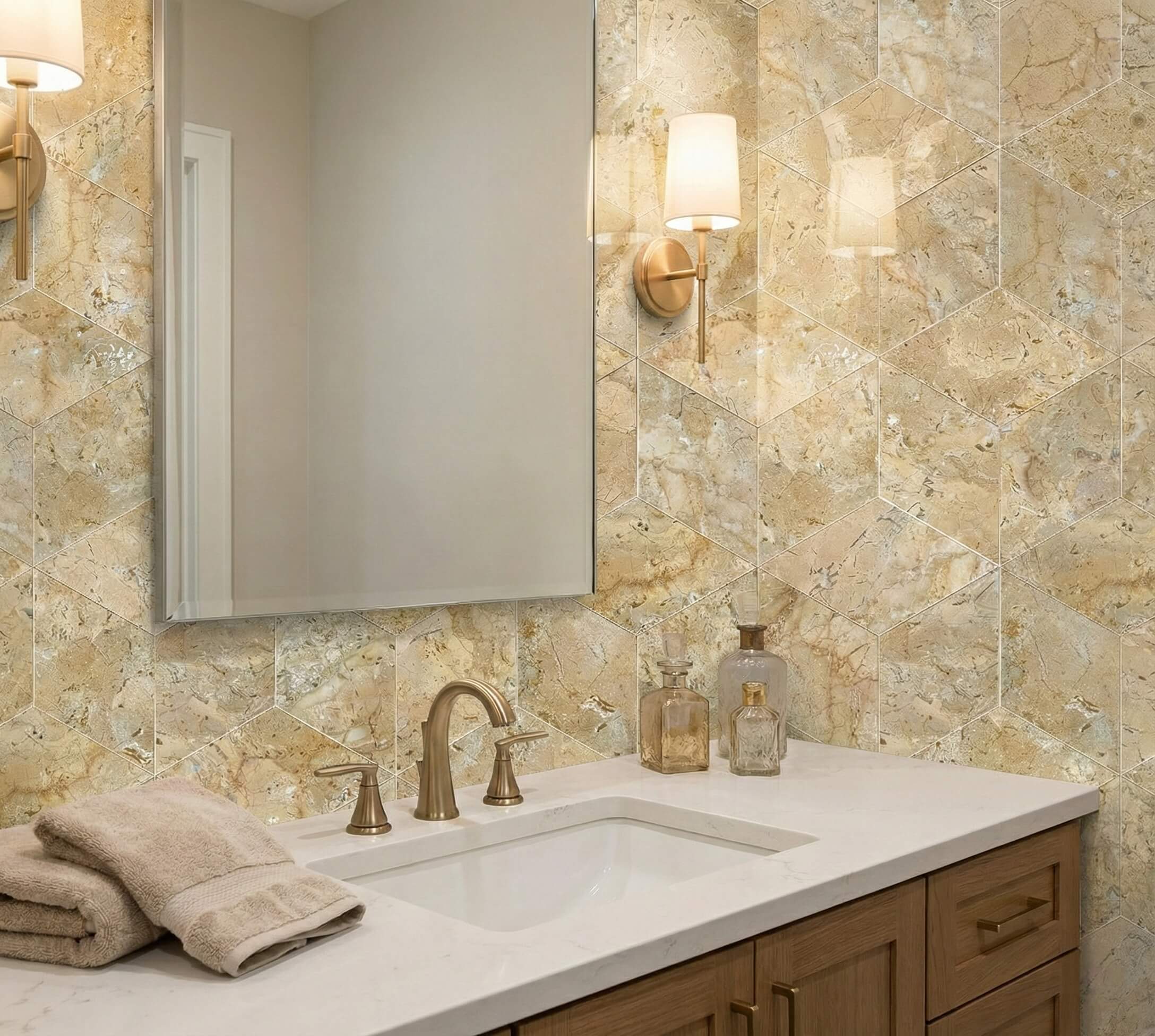 Close-up of a warm wood bathroom vanity with brass faucet against a polished Amber Gold marble hexagon tile accent wall.