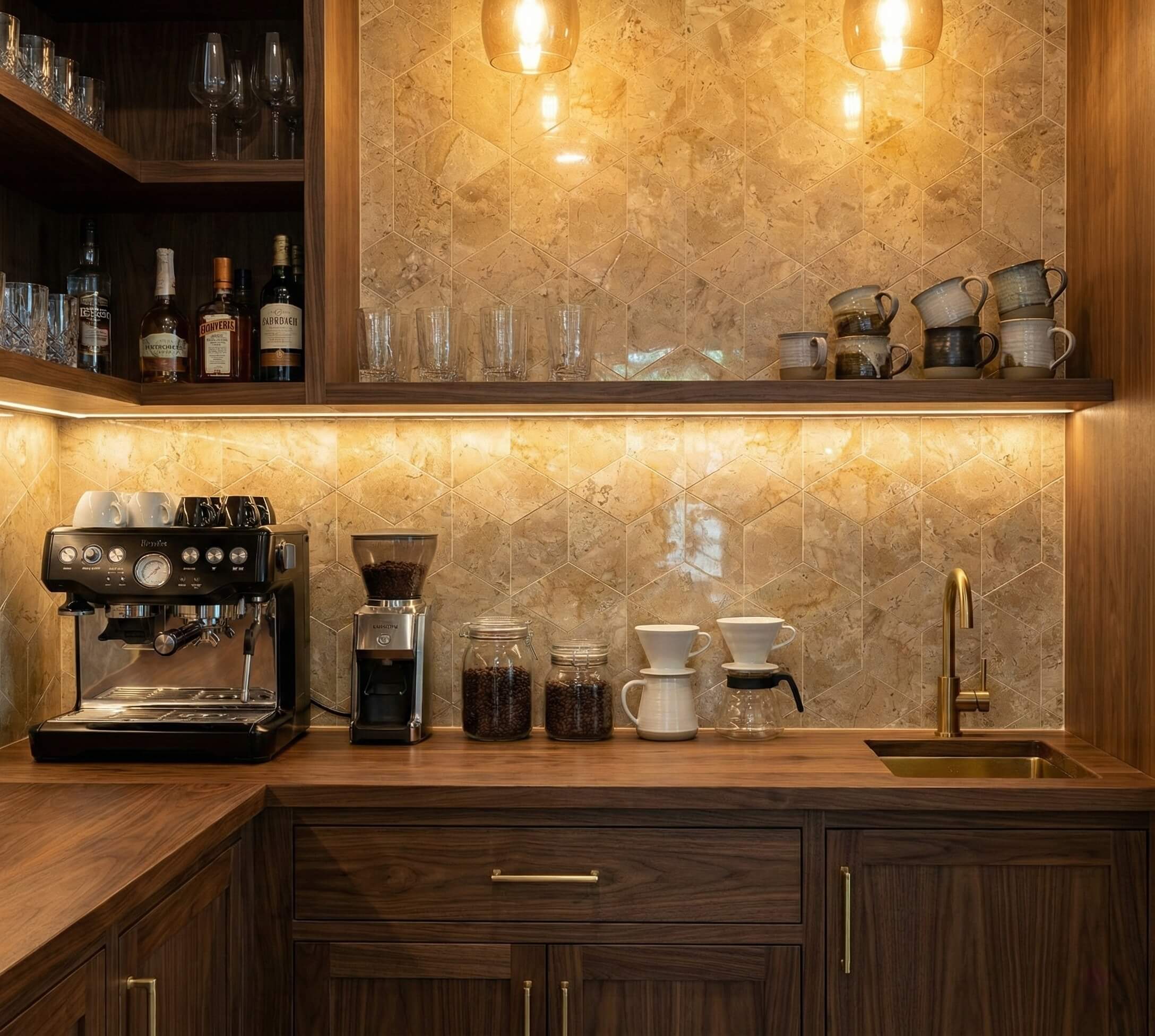 Luxury walnut coffee bar nook featuring a polished Amber Gold marble hexagon tile backsplash with built-in LED lighting.