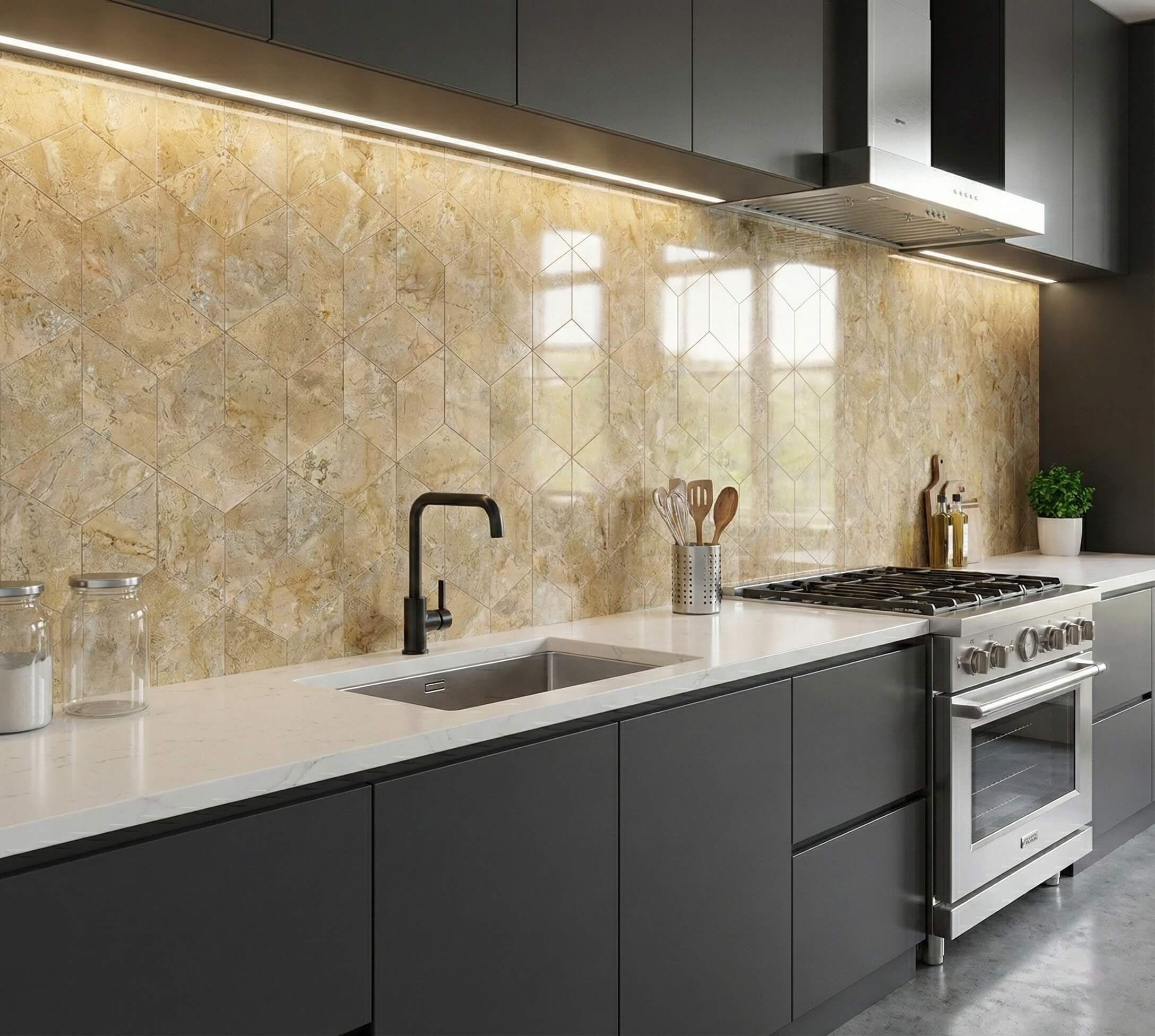 Modern dark kitchen featuring a polished Amber Gold marble hexagon tile backsplash with stainless steel appliances.