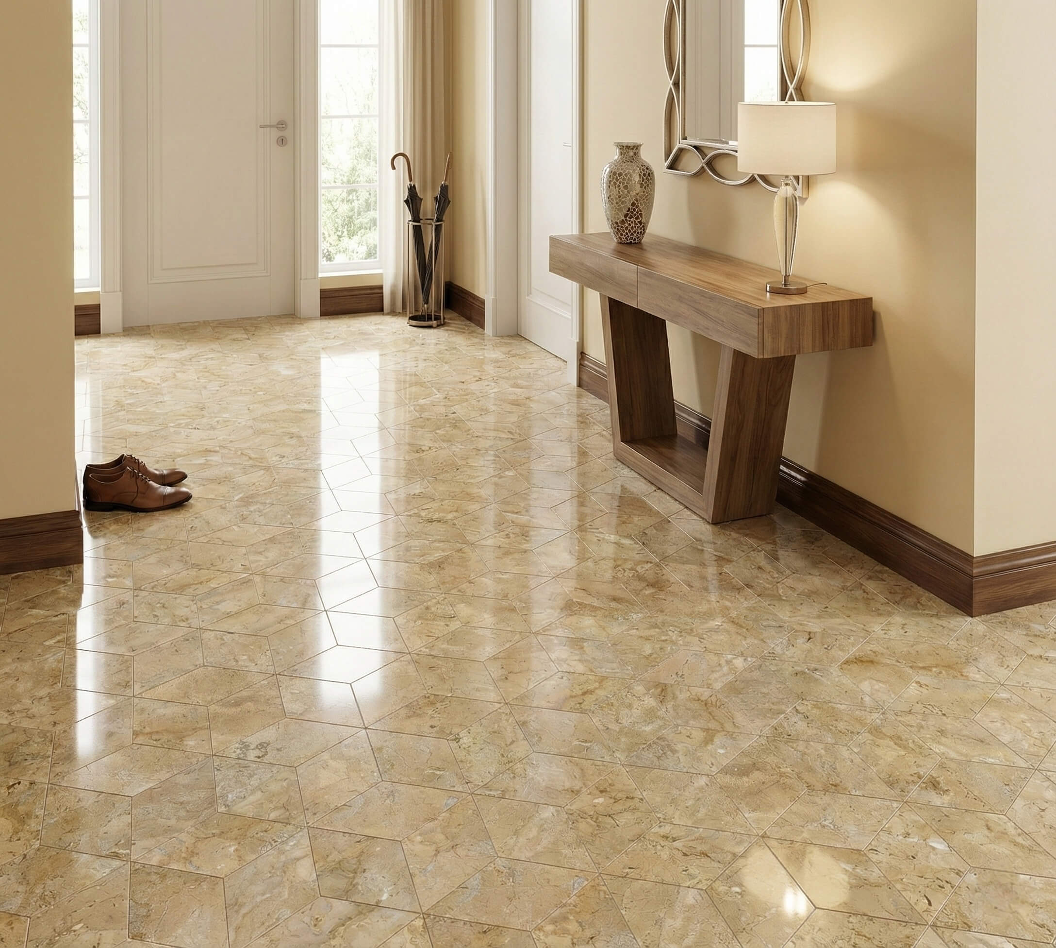Grand residential entryway floor covered in polished Amber Gold natural marble hexagon tiles with a high-gloss reflection.