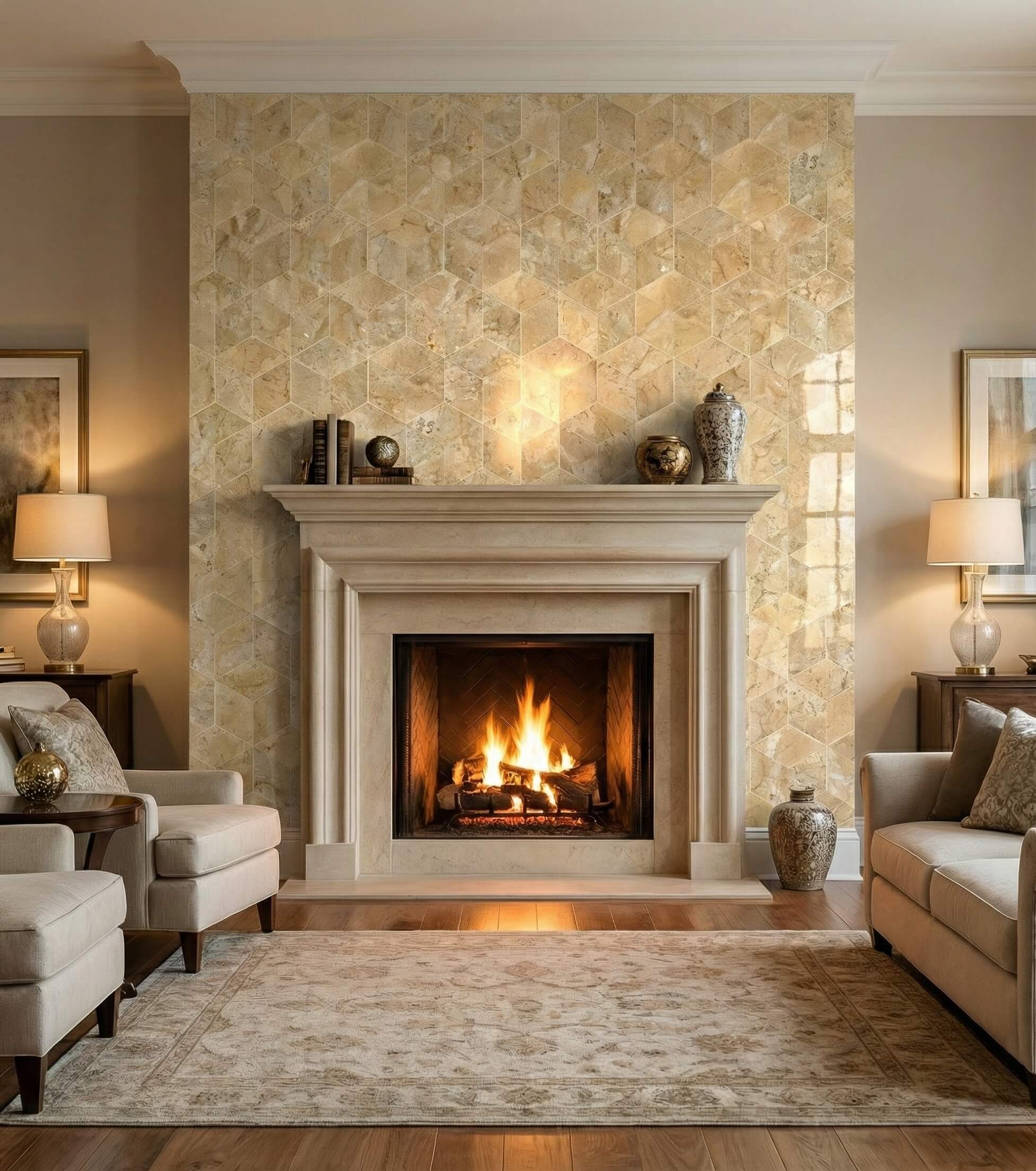 Elegant living room fireplace surround clad in polished Amber Gold natural marble hexagon tiles with a classic white mantel.