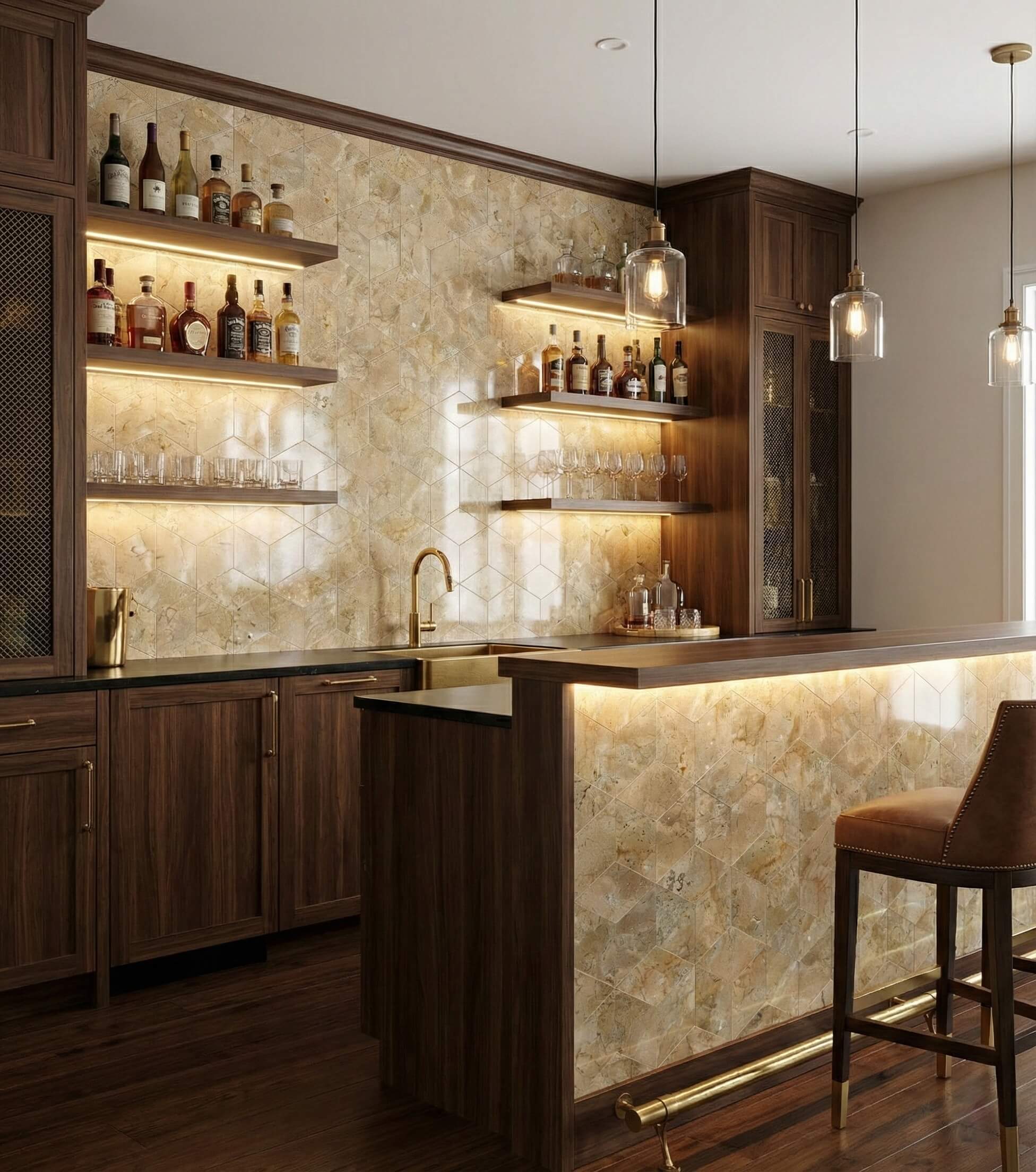 Polished Amber Gold marble hexagon tiles featured on a luxury home bar backsplash and front accent panel with dark wood.