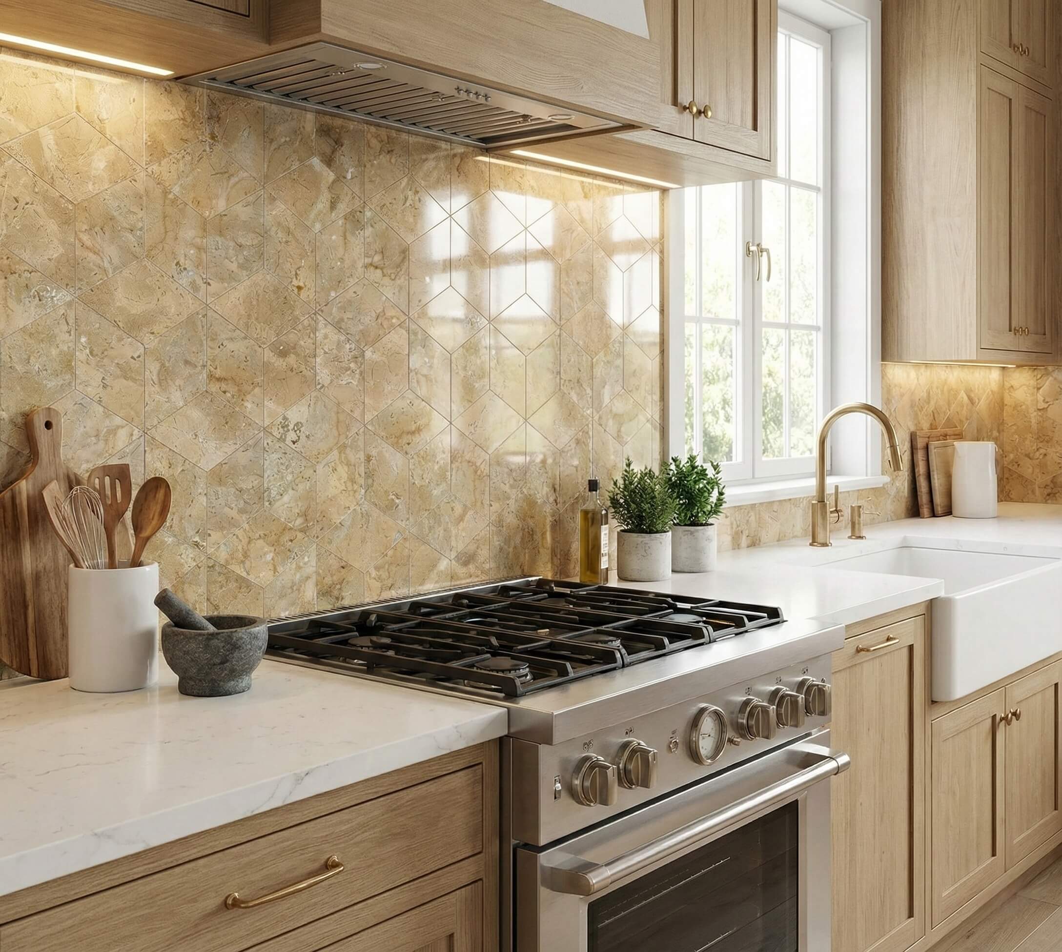 Light wood kitchen featuring a polished Amber Gold marble hexagon tile backsplash above a white farmhouse sink and brass faucet.