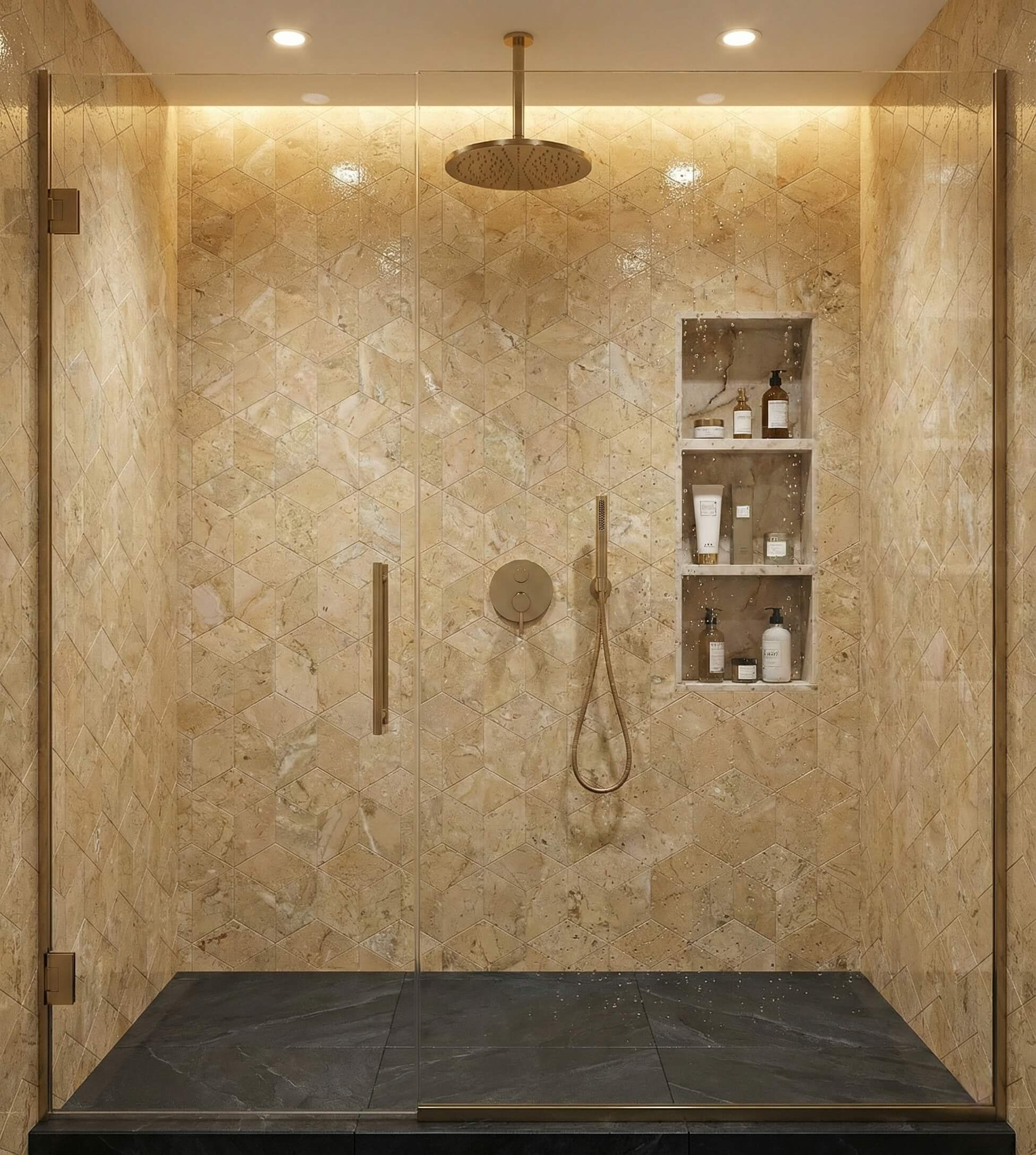 Full shower enclosure clad in polished Amber Gold natural marble hexagon wall tiles with brushed brass fixtures and glass door.