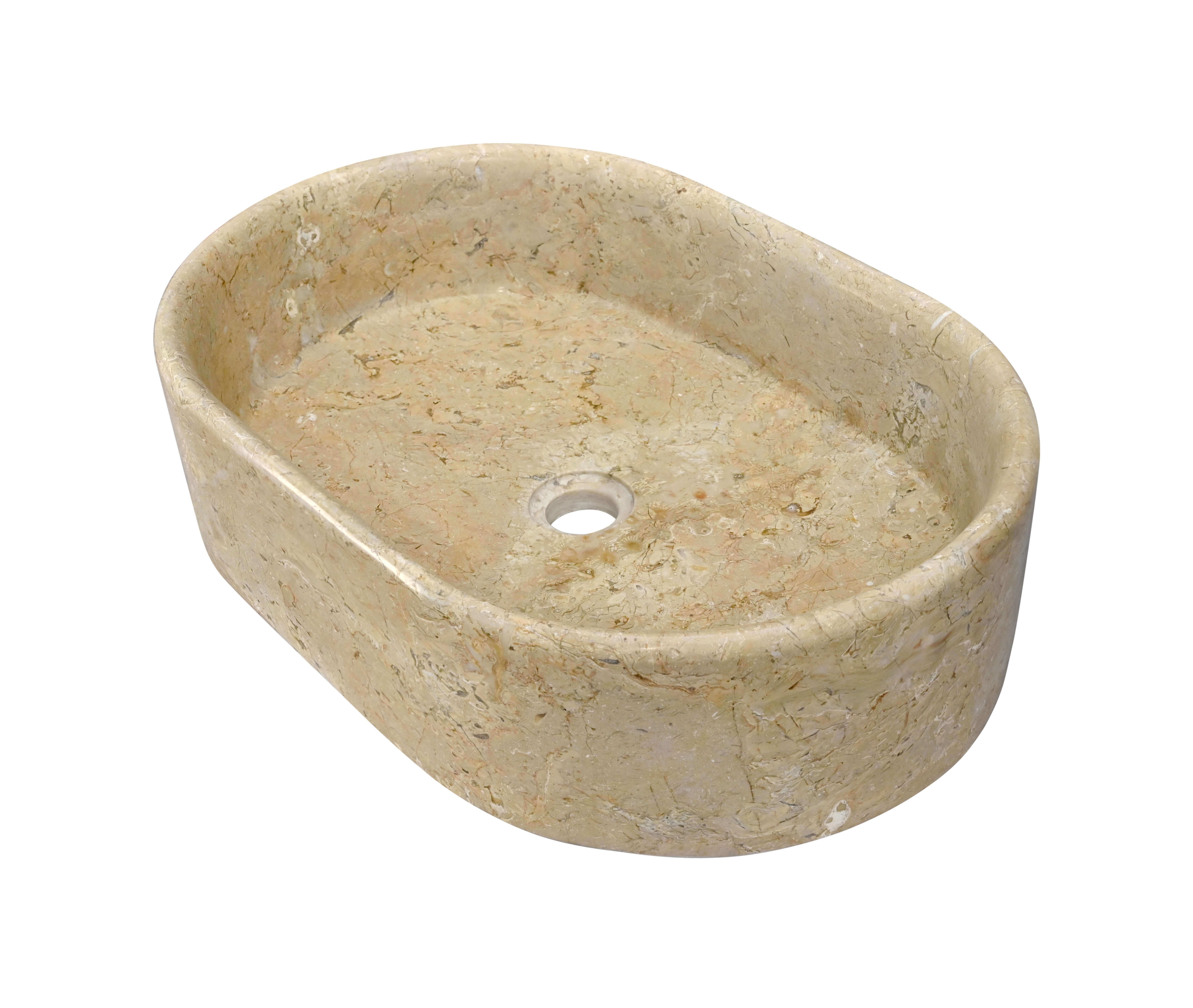 Side profile of Amber Gold marble vessel sink showing full 150mm wall height, polished exterior with gold-beige veining and center drain.