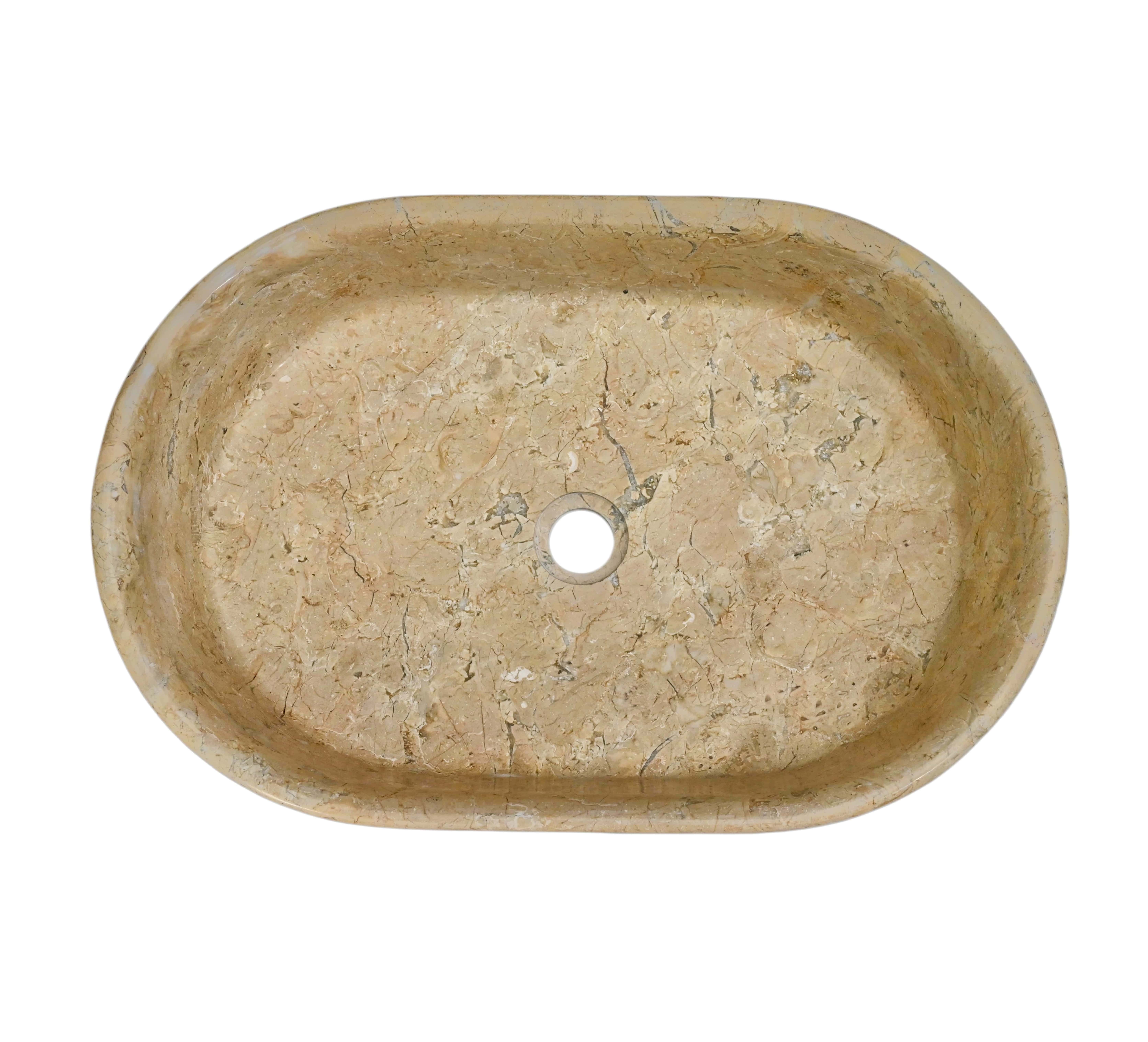 Top view of Amber Gold marble vessel sink, oval squircle shape, center drain, natural gold-beige veining across full 600×400mm basin surface.