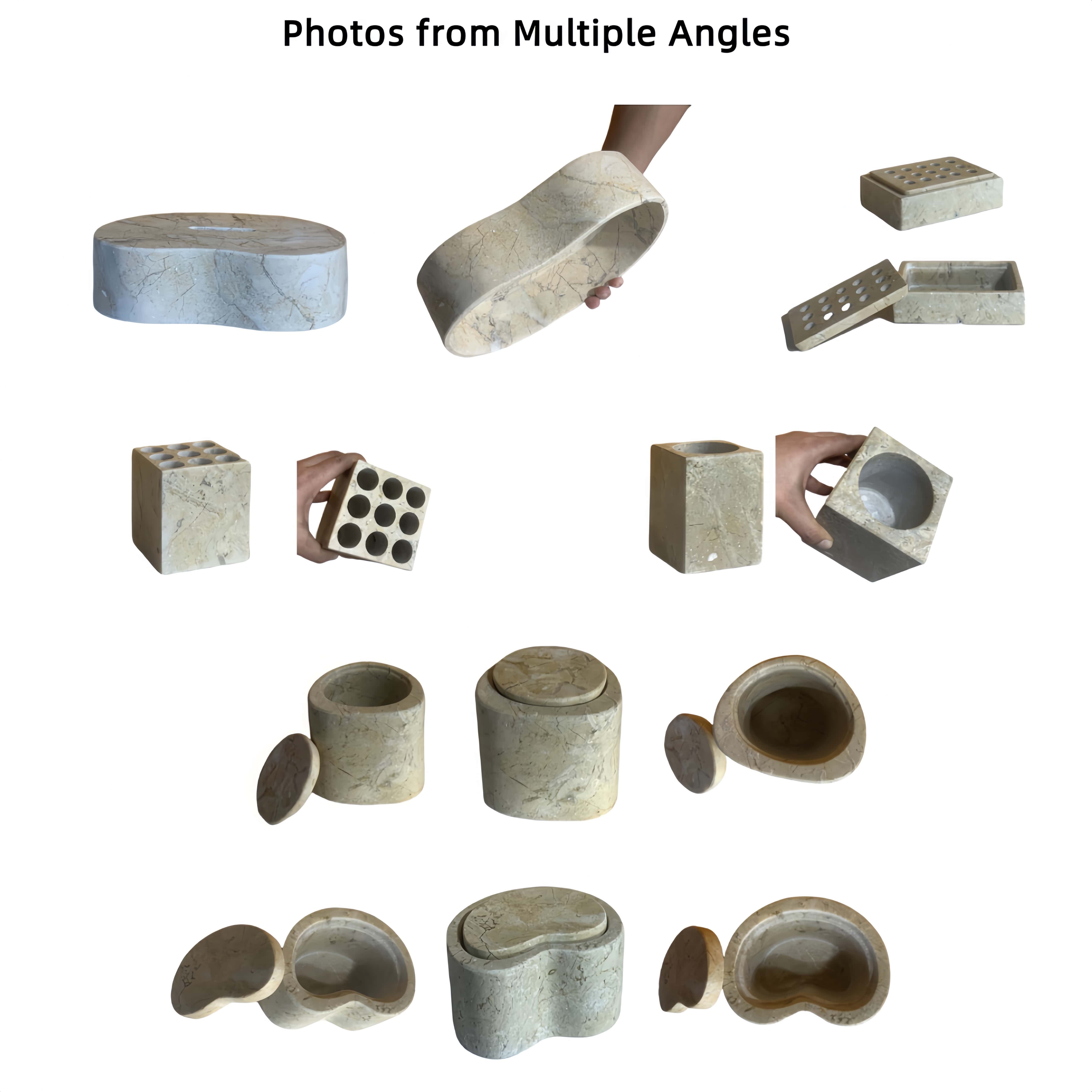 Multi-angle collage demonstrating interior unpolished raw stone textures, removable lids, and open bottoms.