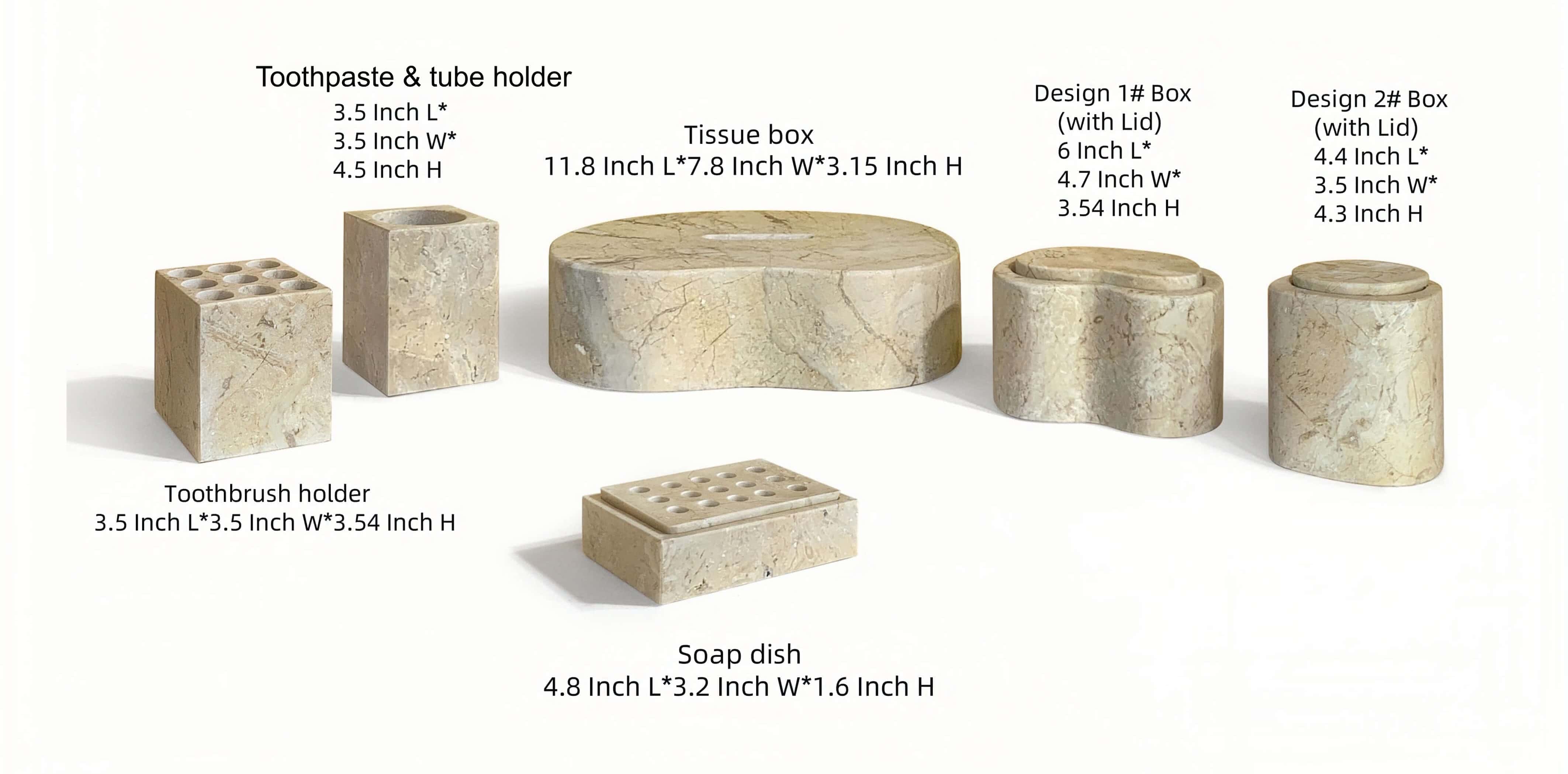 Dimension guide showing exact measurements in inches for all six pieces of the gold marble bathroom set.