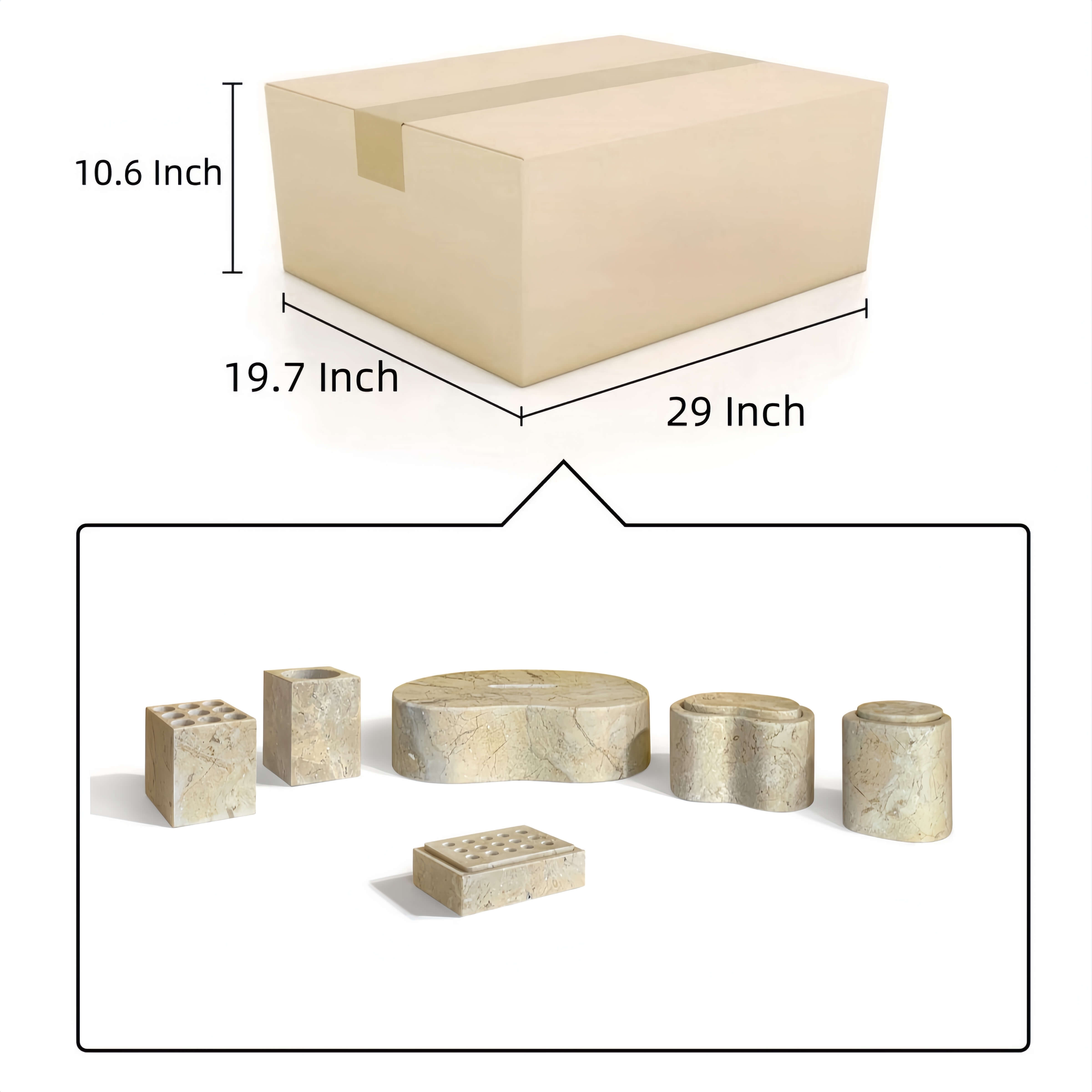 Shipping box graphic displaying package dimensions of 29 by 19.7 by 10.6 inches for the marble vanity set.