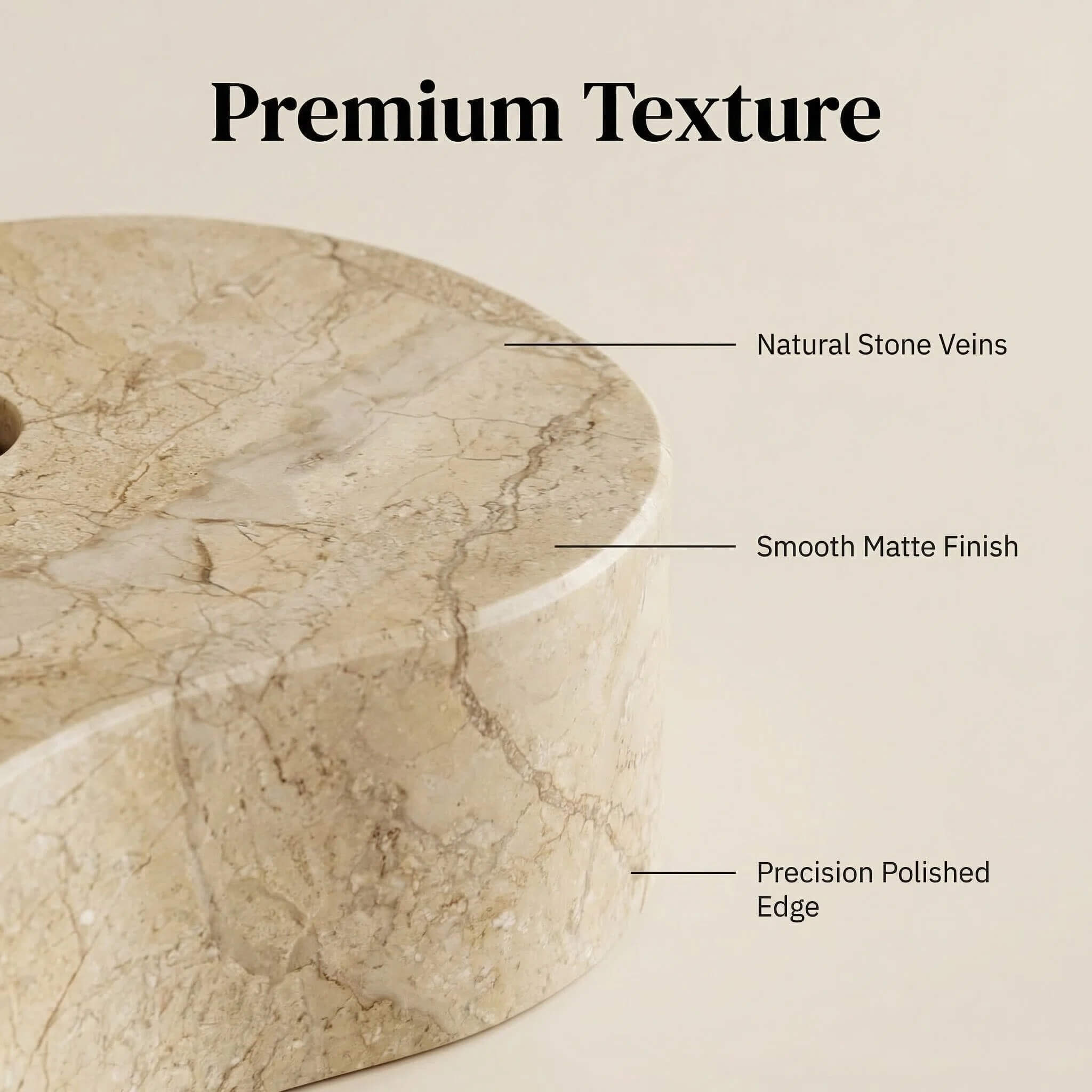 Close-up detail diagram showing natural veins, smooth matte finish, and precision polished marble edges.