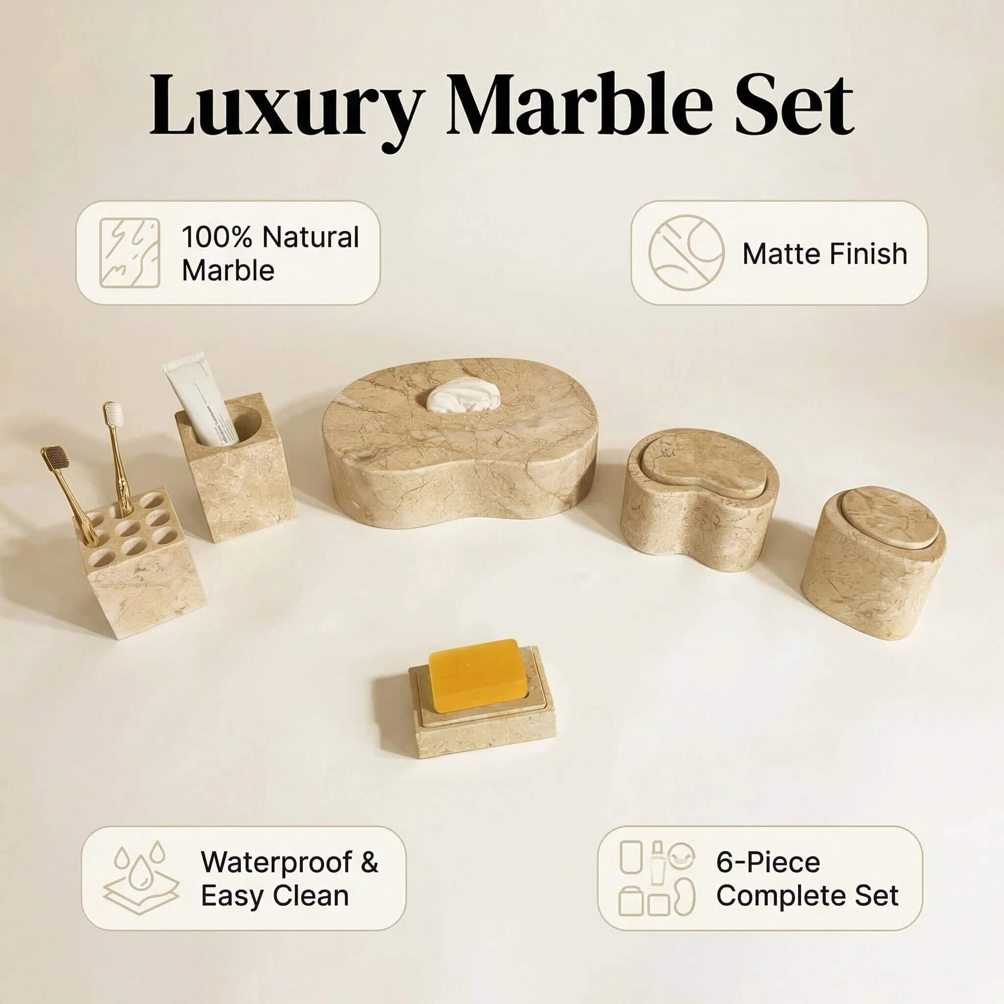 Infographic highlighting 100% natural gold marble, matte finish, waterproof surface, and 6-piece complete set.