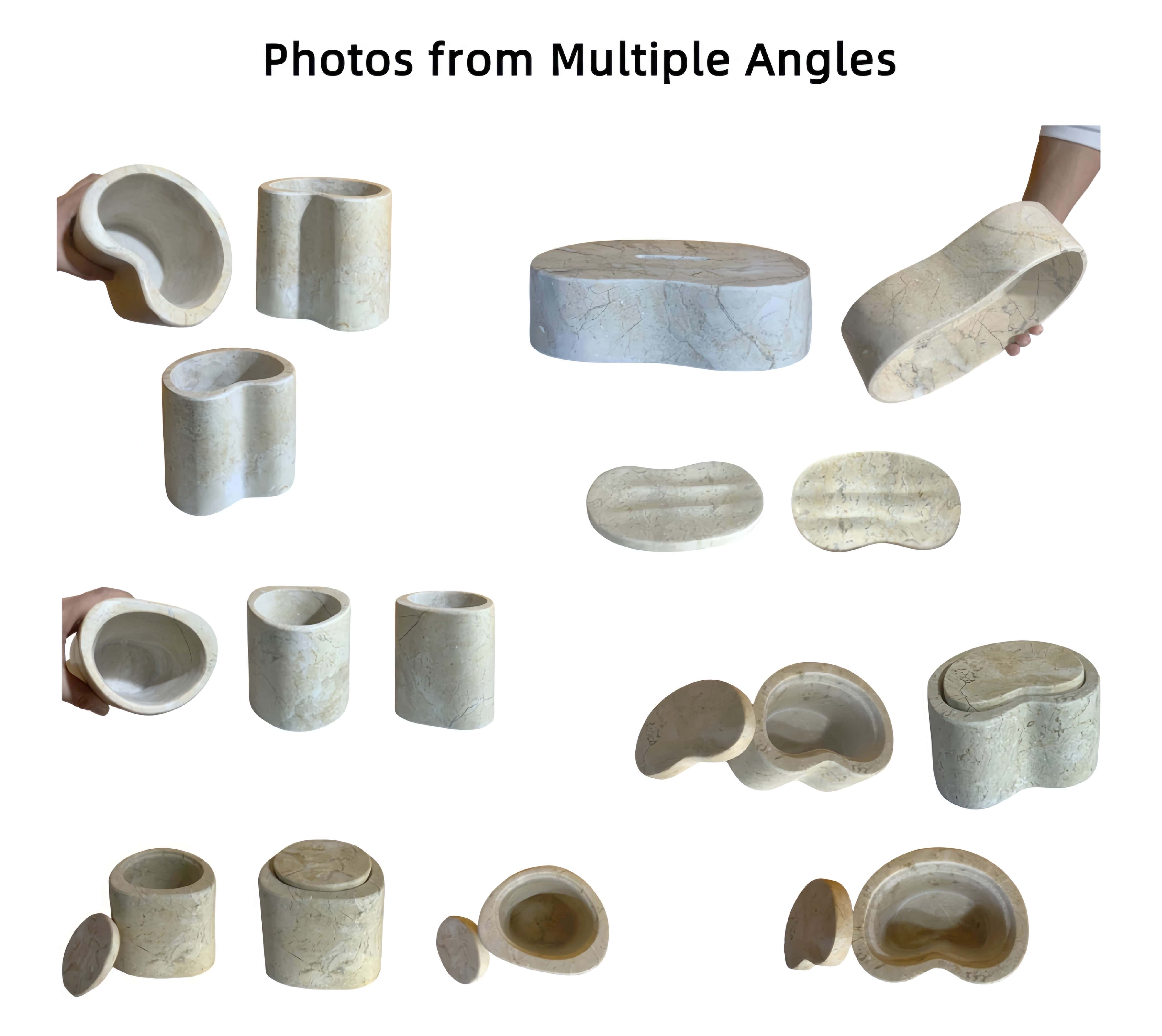 Multiple view angles showing hand-carved unpolished interior bases and matte texture of Amber Gold Wave marble set.