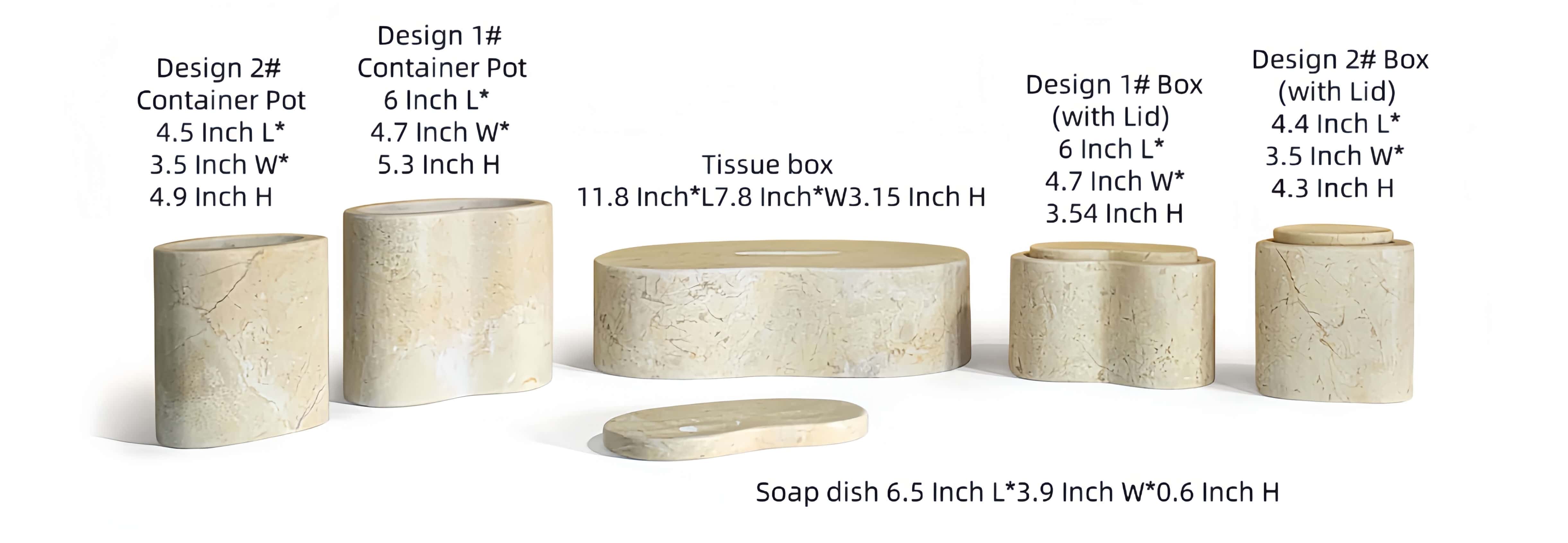 Dimensional specifications diagram for the Amber Gold natural marble Wave 6-piece bathroom set detailing size in inches.