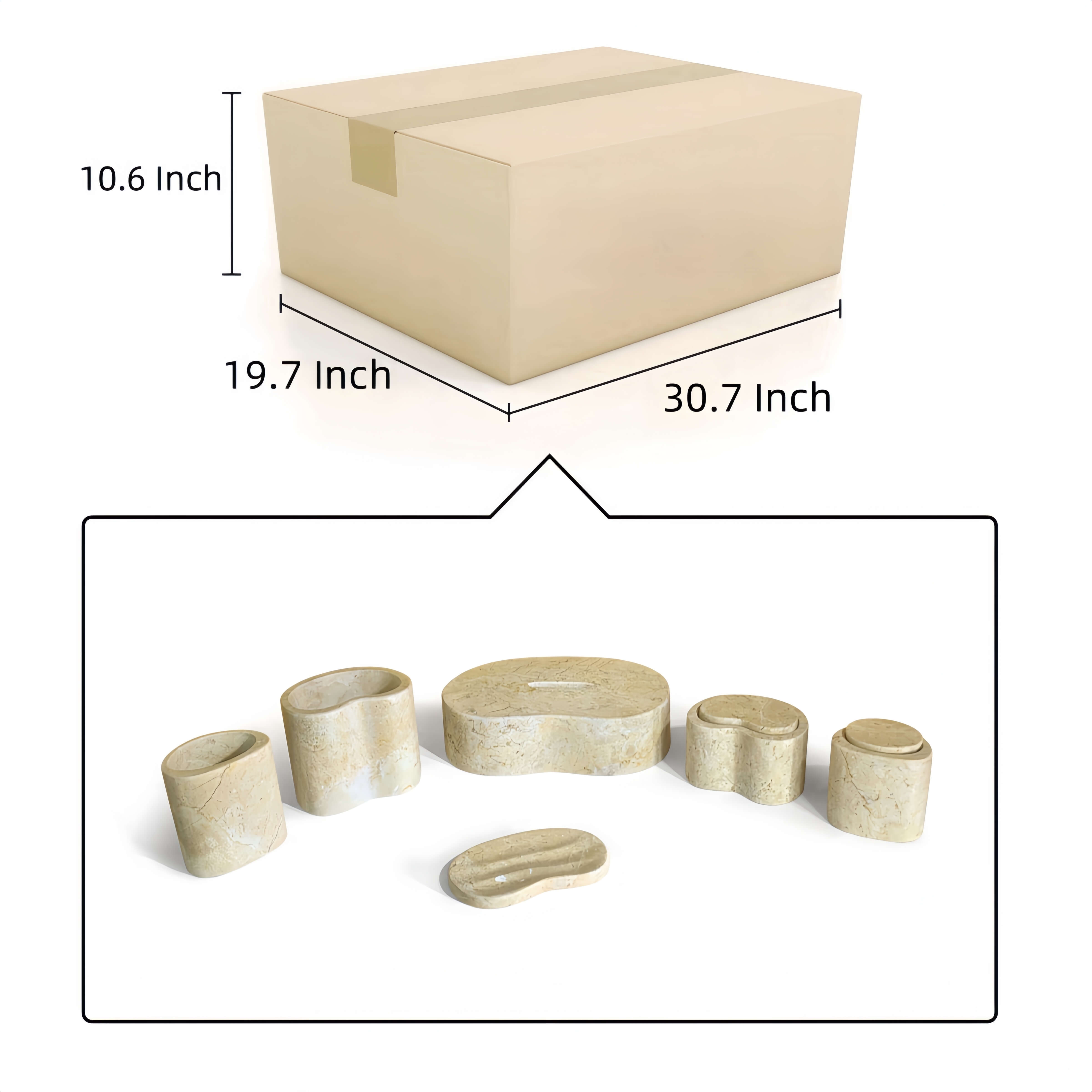 Outer carton shipping diagram showing 30.7 by 19.7 by 10.6 inch dimensions for Amber Gold Wave marble set delivery.