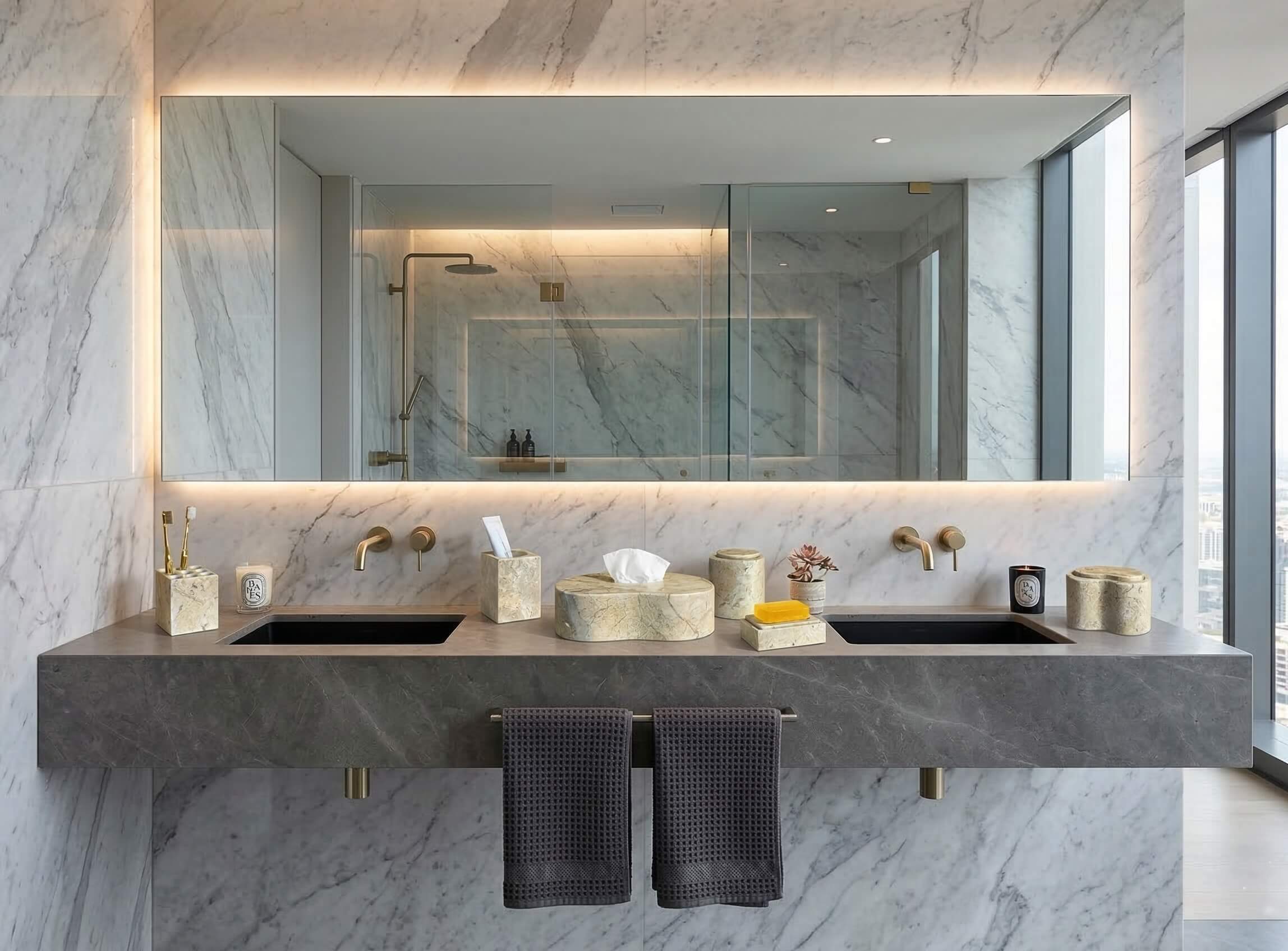Modern floating grey marble double vanity featuring the complete amber gold 6-piece stone bathroom accessory set.