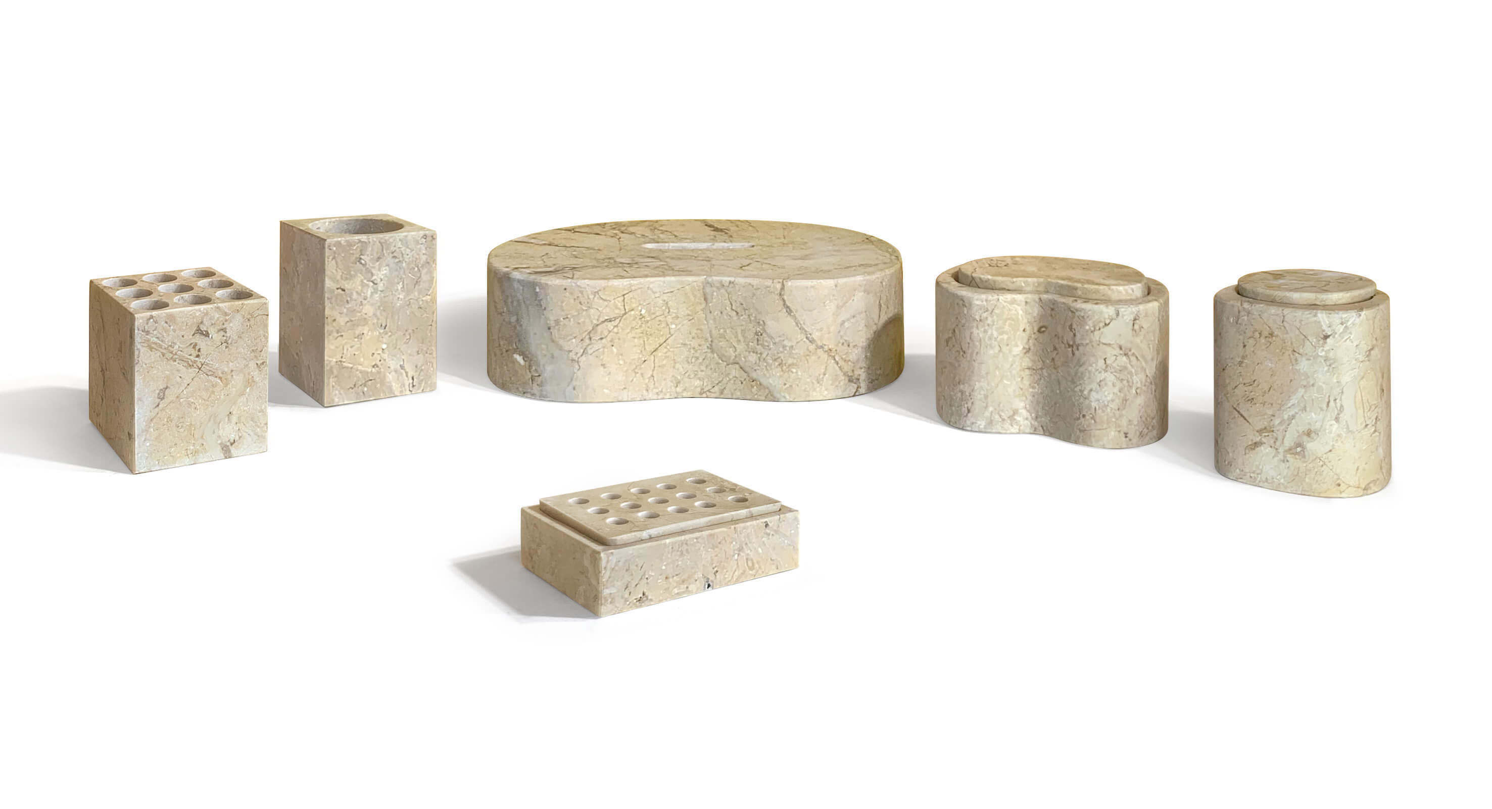 A 6-piece amber gold natural marble bathroom vanity accessory set displayed on a clean white background.