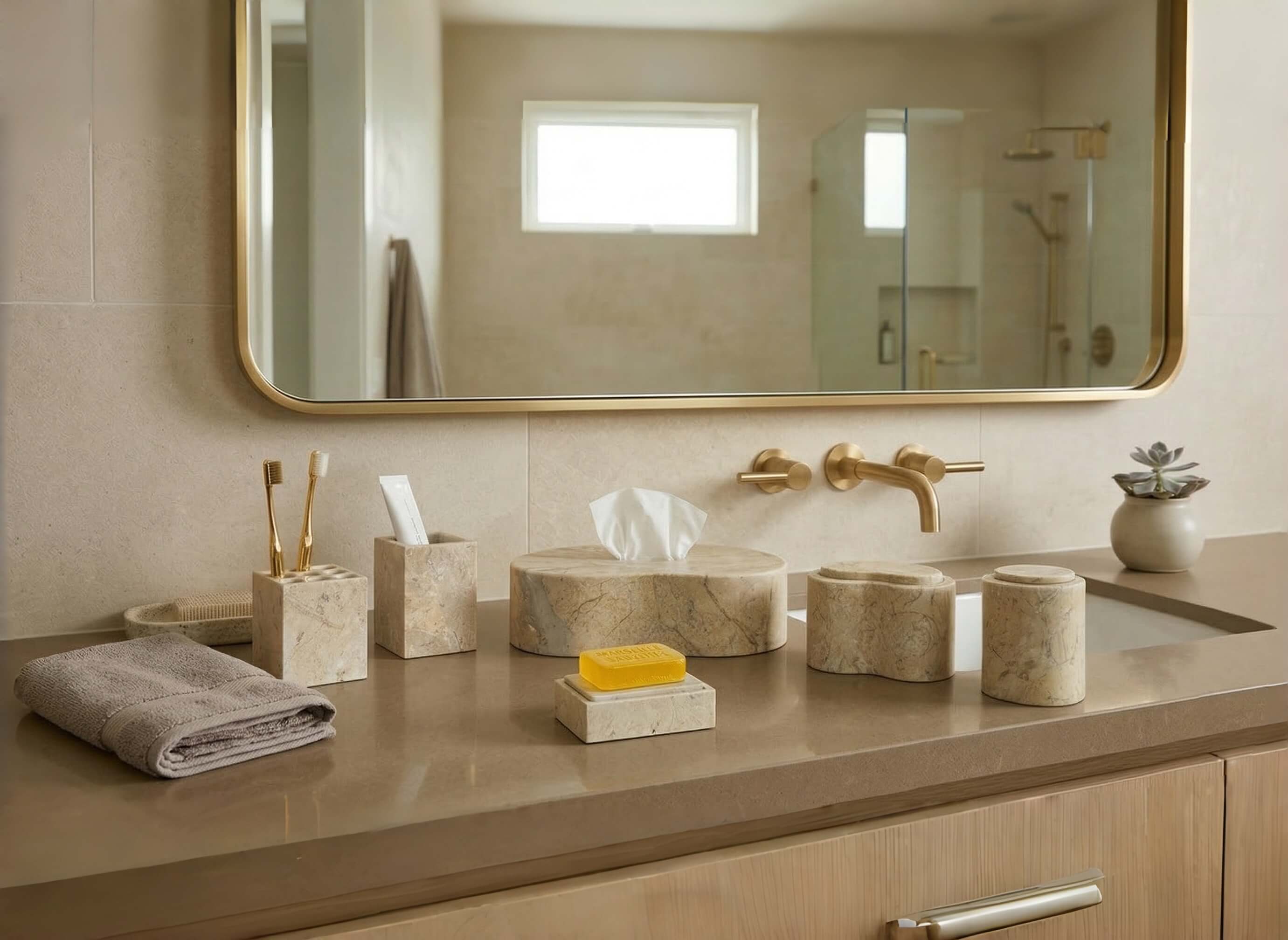 Warm minimalist bathroom vanity counter styled with an amber gold 6-piece natural marble accessory collection.
