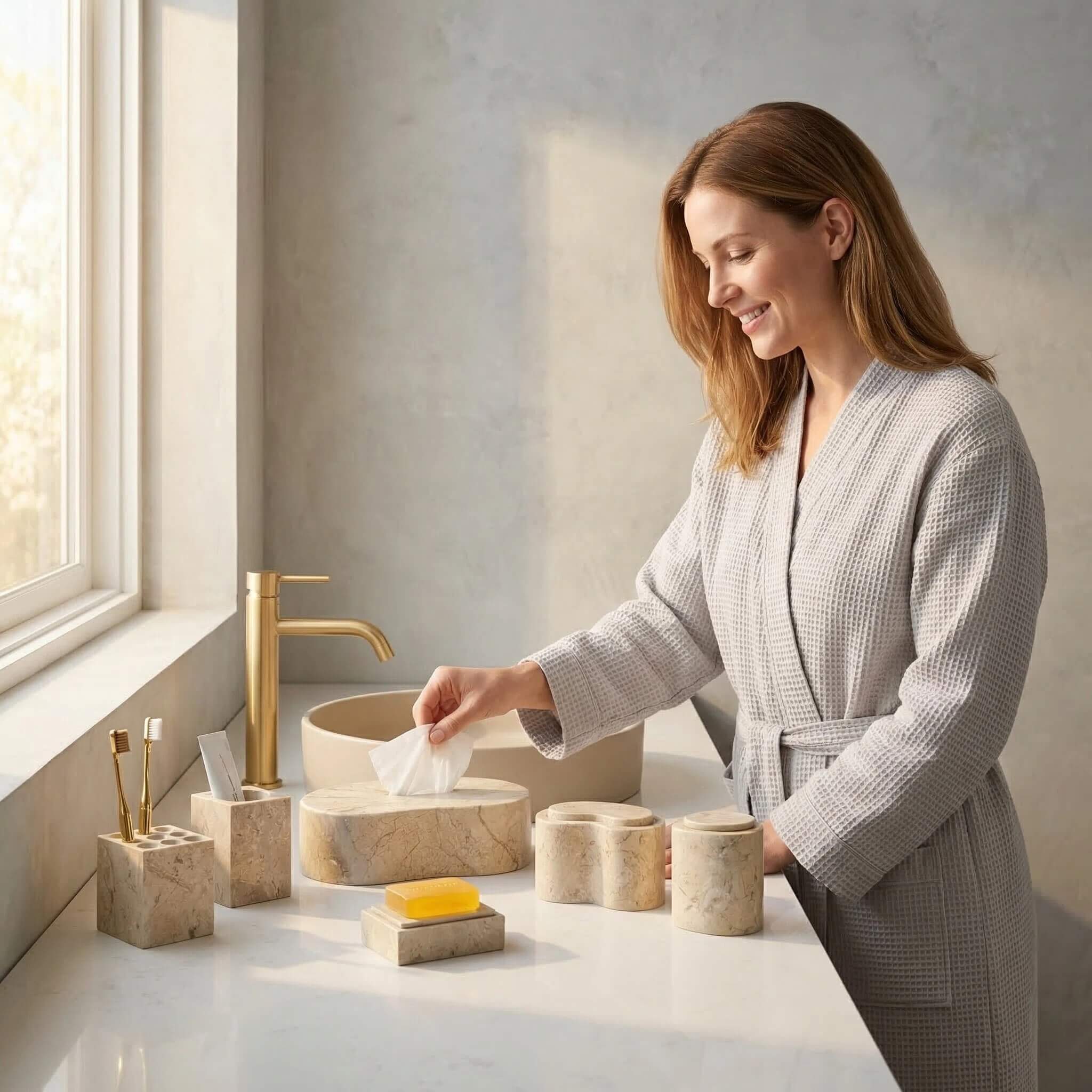 Woman reaching for tissue from an amber gold natural marble tissue box cover in a bright luxury bathroom setting.