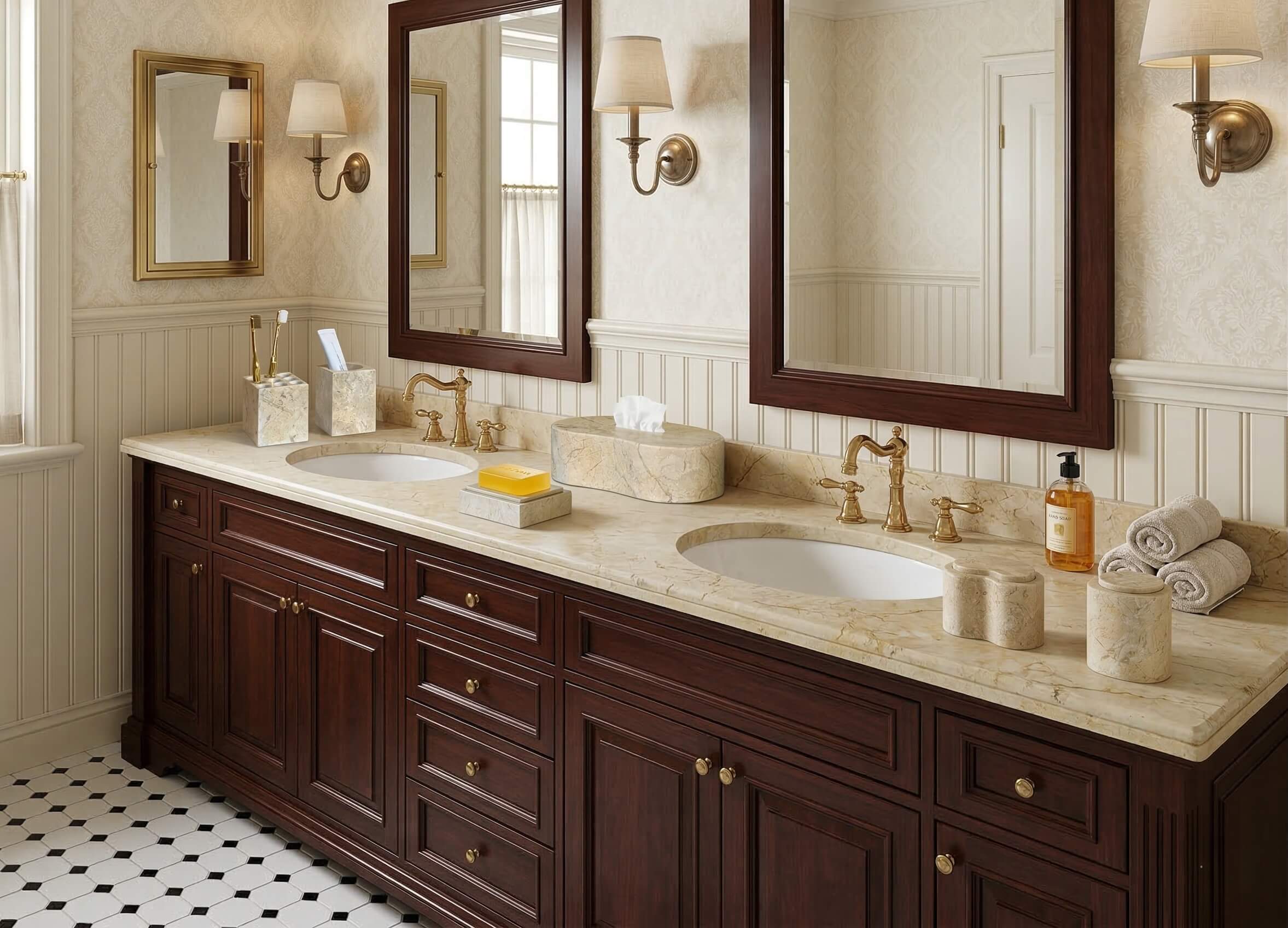 Traditional luxury dual vanity with dark wood cabinetry adorned with an amber gold natural marble accessory set.
