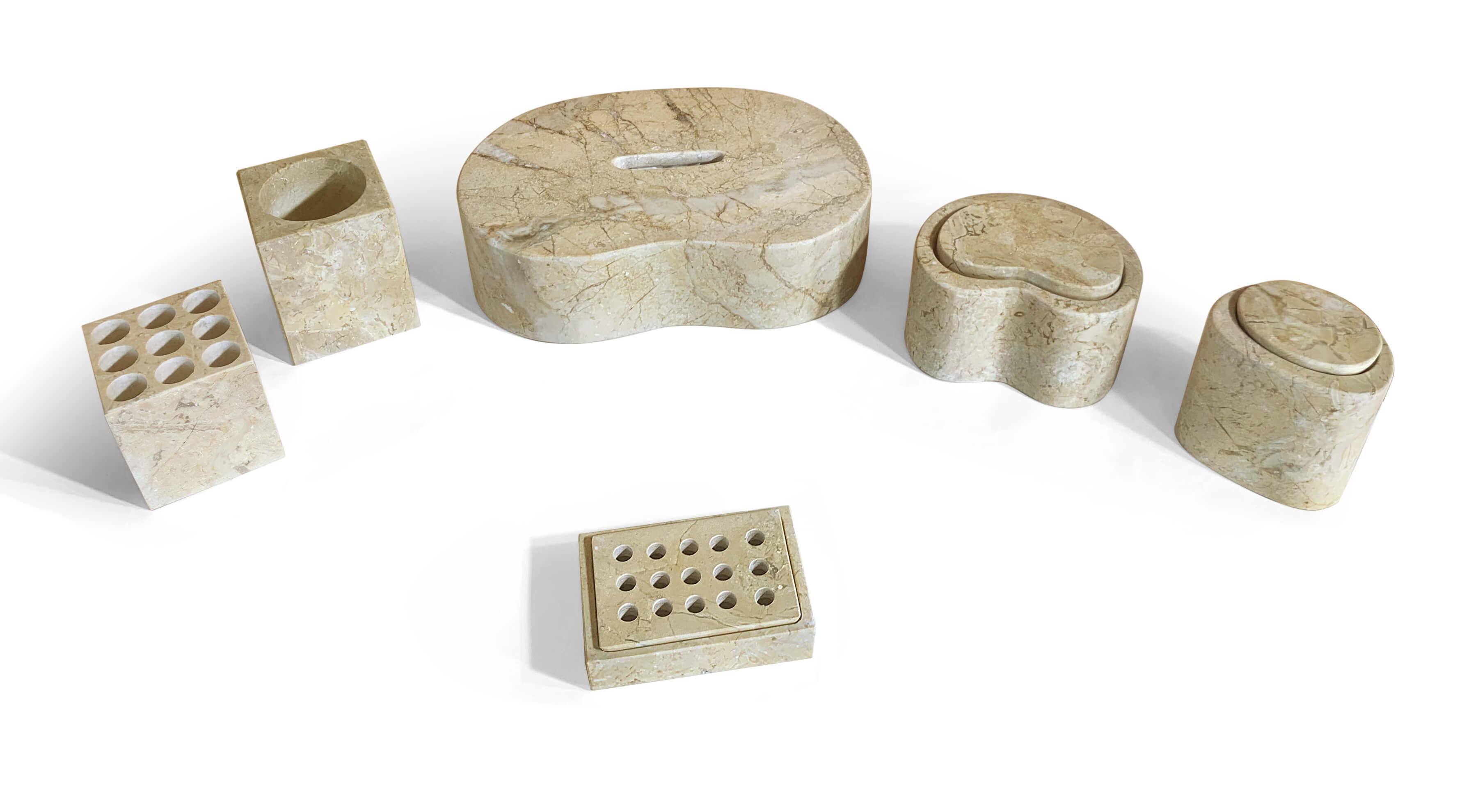 Top high-angle view of an amber gold natural marble bathroom vanity accessory set on a white background.