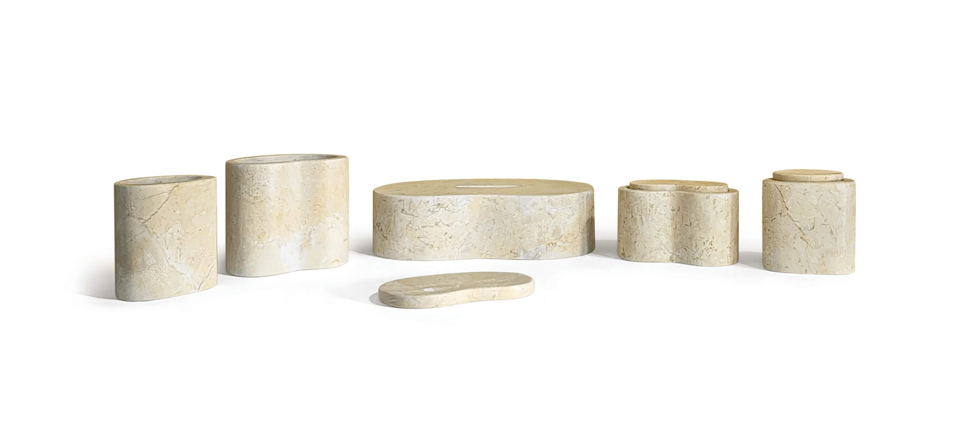 Front view of a 6-piece Amber Gold natural marble bathroom accessory set with Wave contoured edges on a white backdrop.