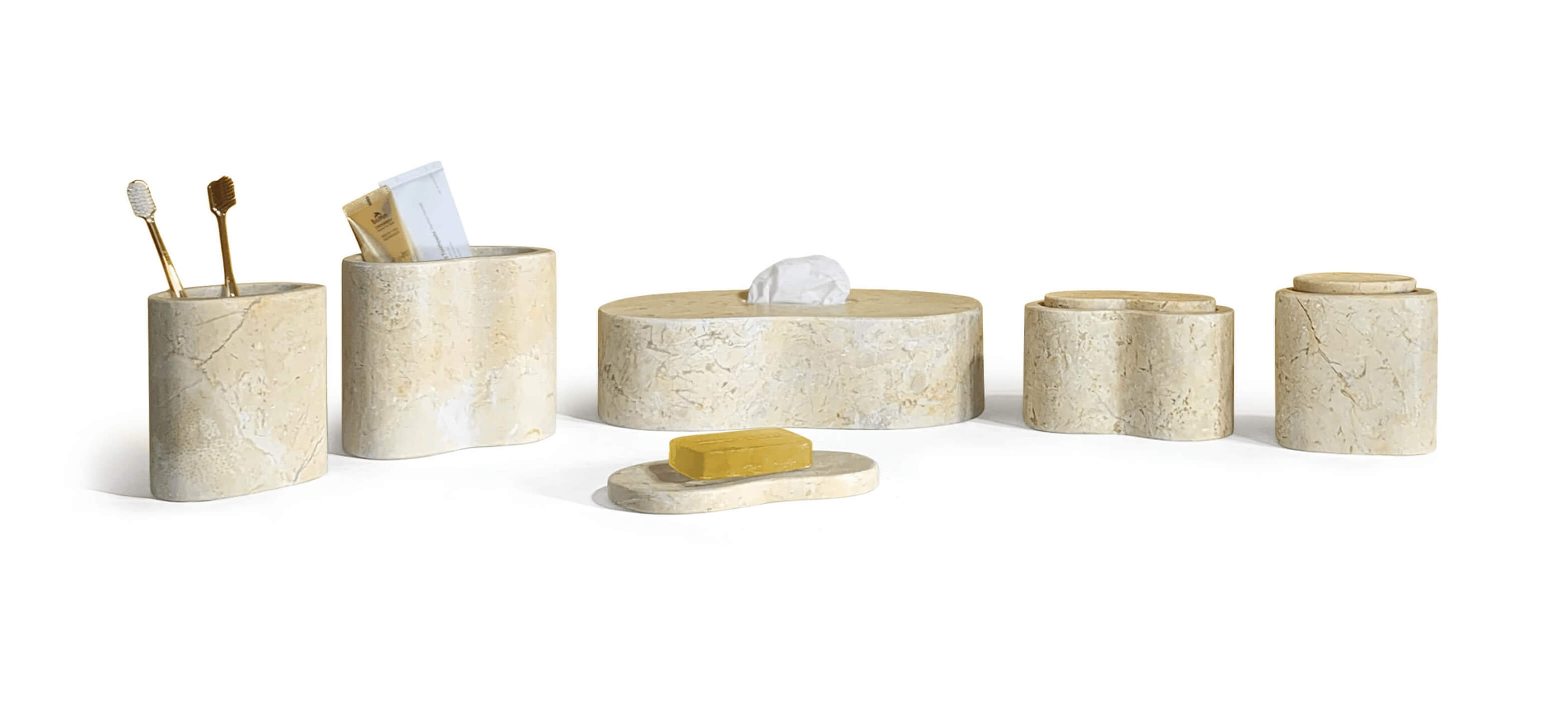 Amber Gold natural marble 6-piece Wave bathroom vanity set holding toothbrushes, soap, and tissue on a white background.