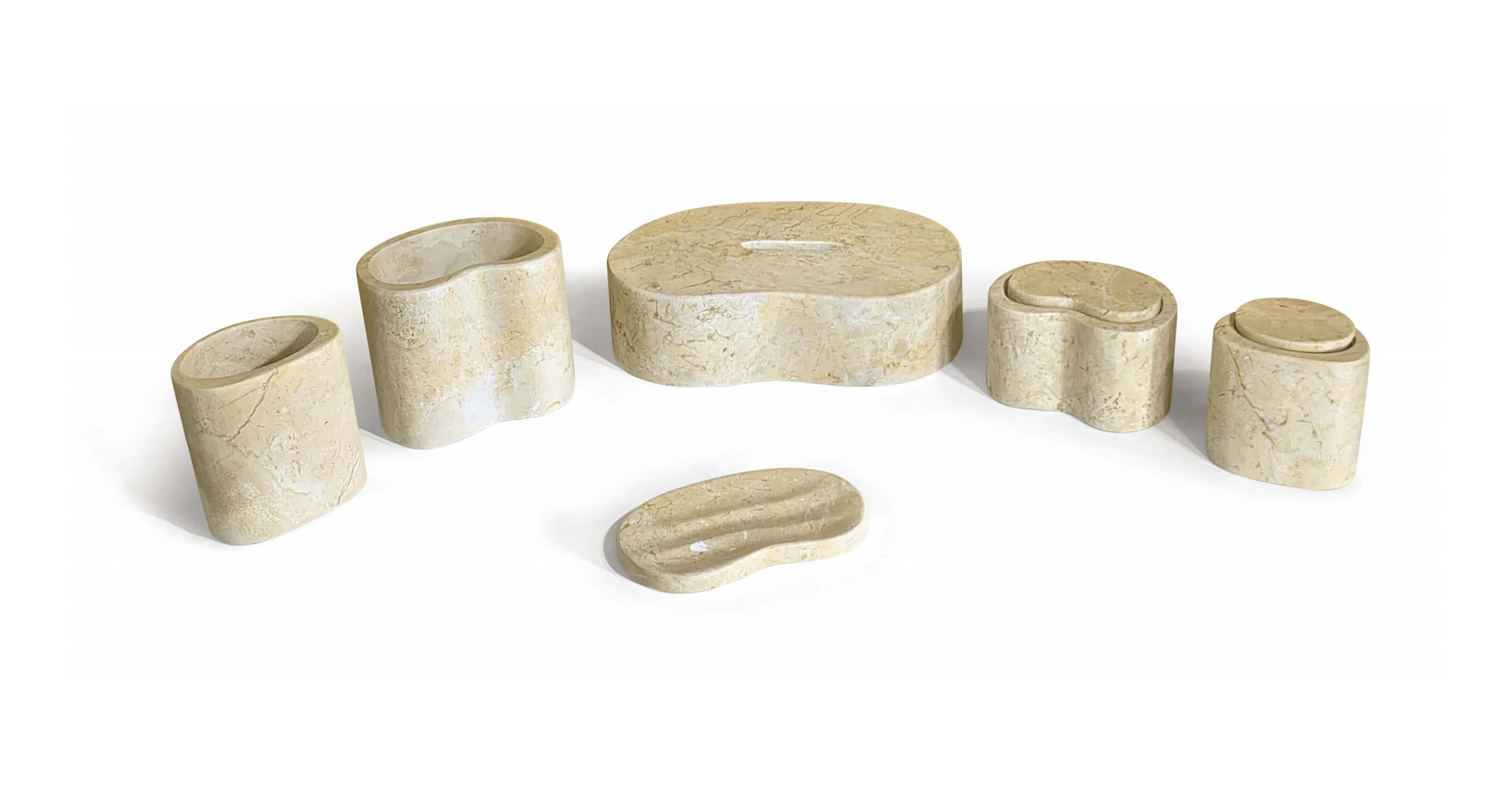 Overhead perspective of a 6-piece Amber Gold natural marble Wave bathroom set displaying organic beige stone veining.
