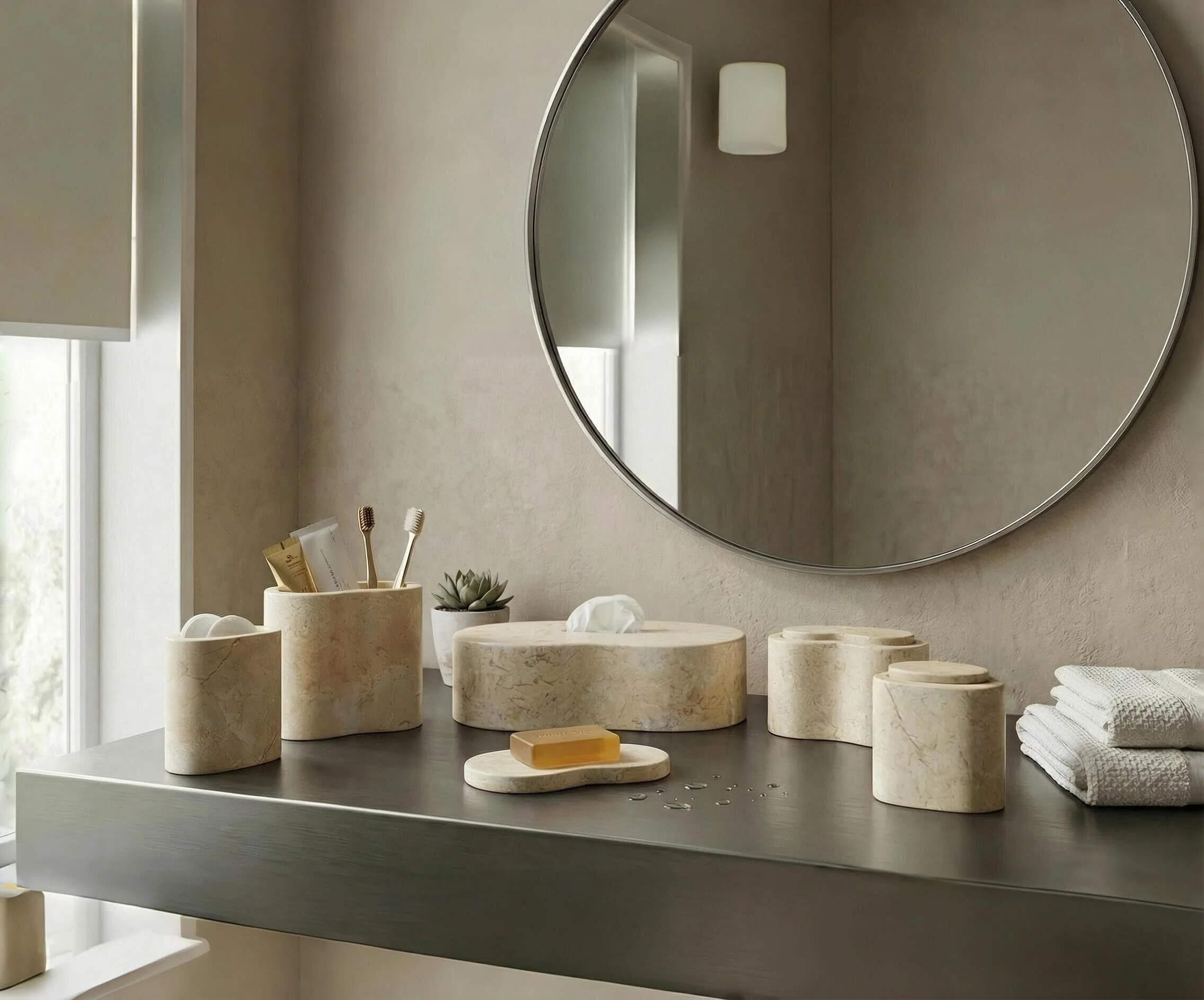 Amber Gold Wave natural marble bathroom accessories arranged on a modern dark vanity beneath a stylish round wall mirror.