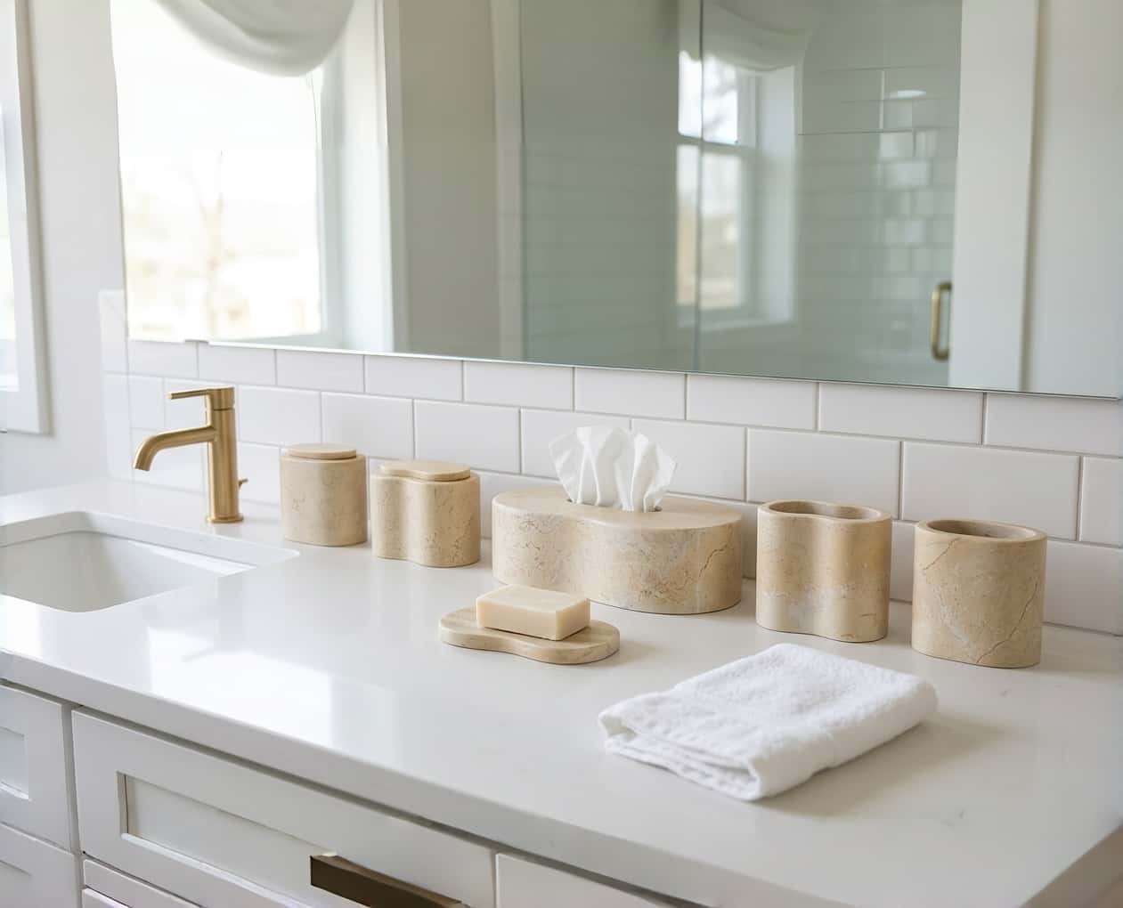 Amber Gold Wave natural marble 6-piece vanity set styled against a classic white subway tile bathroom backsplash.