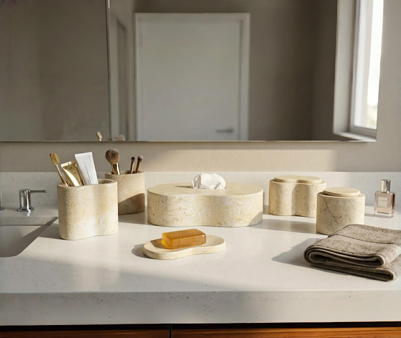 Amber Gold Wave natural marble vanity set glowing under soft natural sunlight on a bright white bathroom countertop.