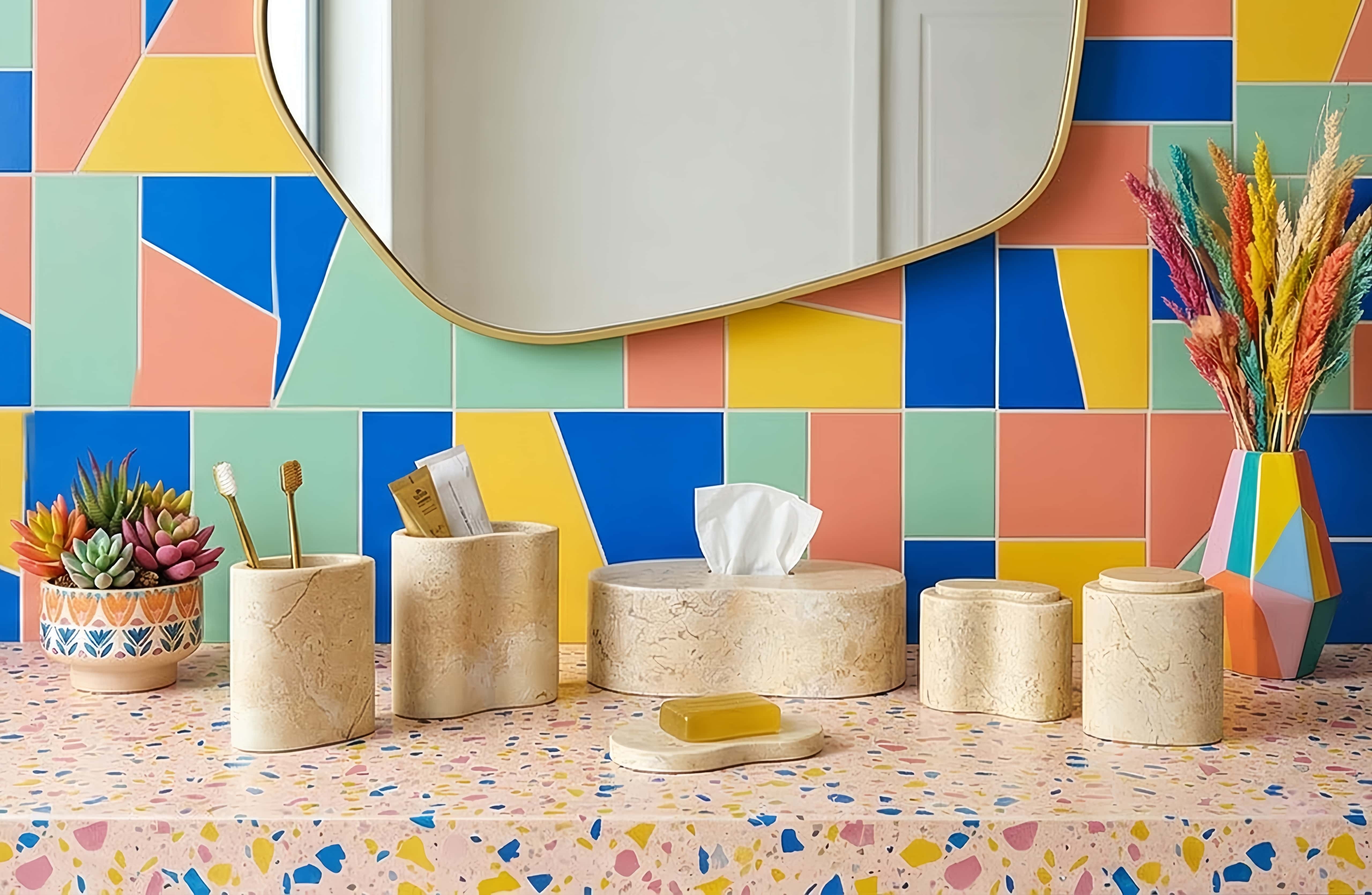 Amber Gold Wave natural marble 6-piece bathroom vanity set displayed on a terrazzo countertop against colorful mosaic tile.