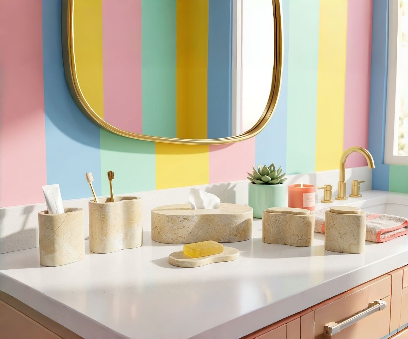 Amber Gold Wave natural marble bathroom set creating an organic anchor on a countertop with colorful striped wallpaper.
